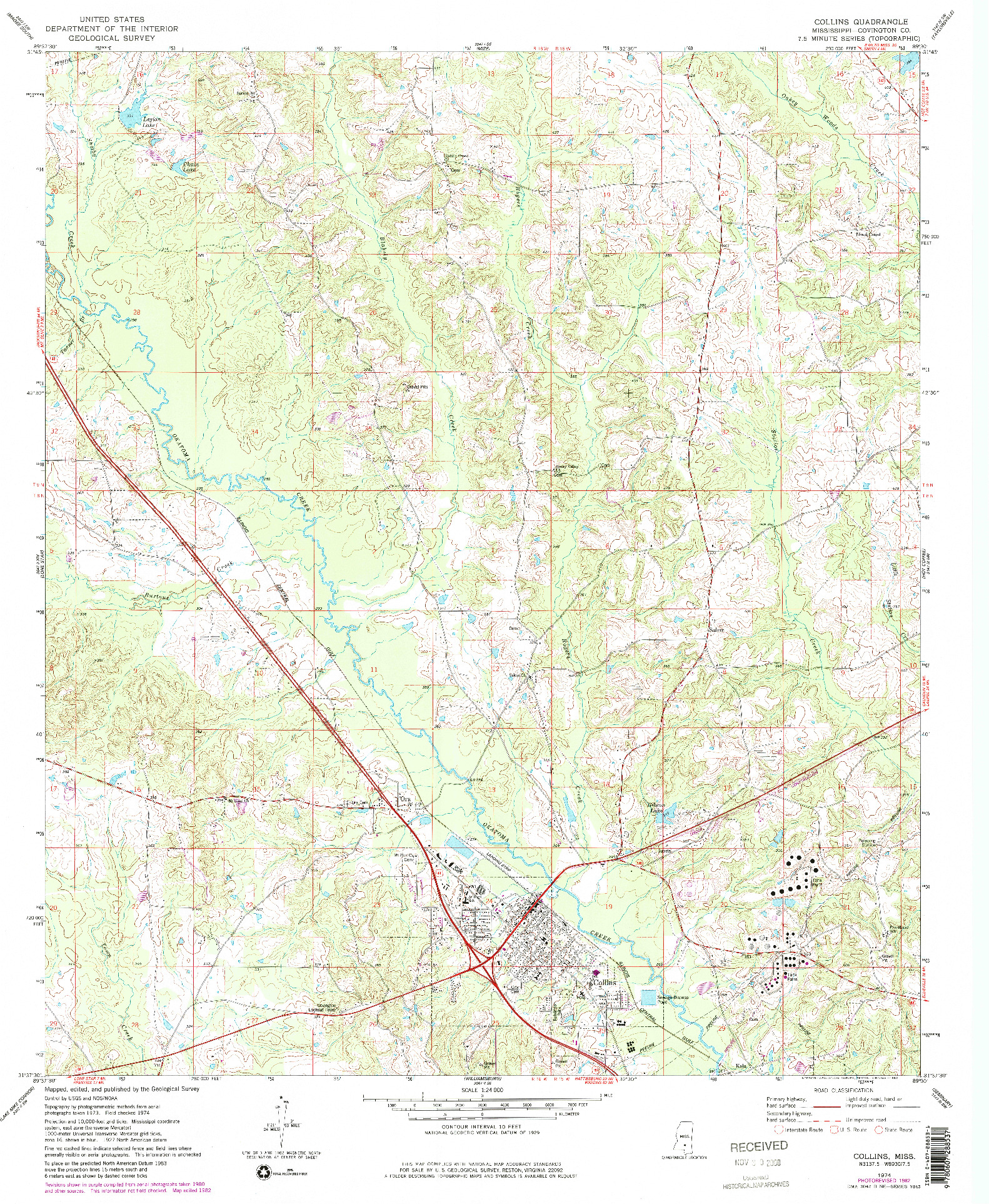 USGS 1:24000-SCALE QUADRANGLE FOR COLLINS, MS 1974