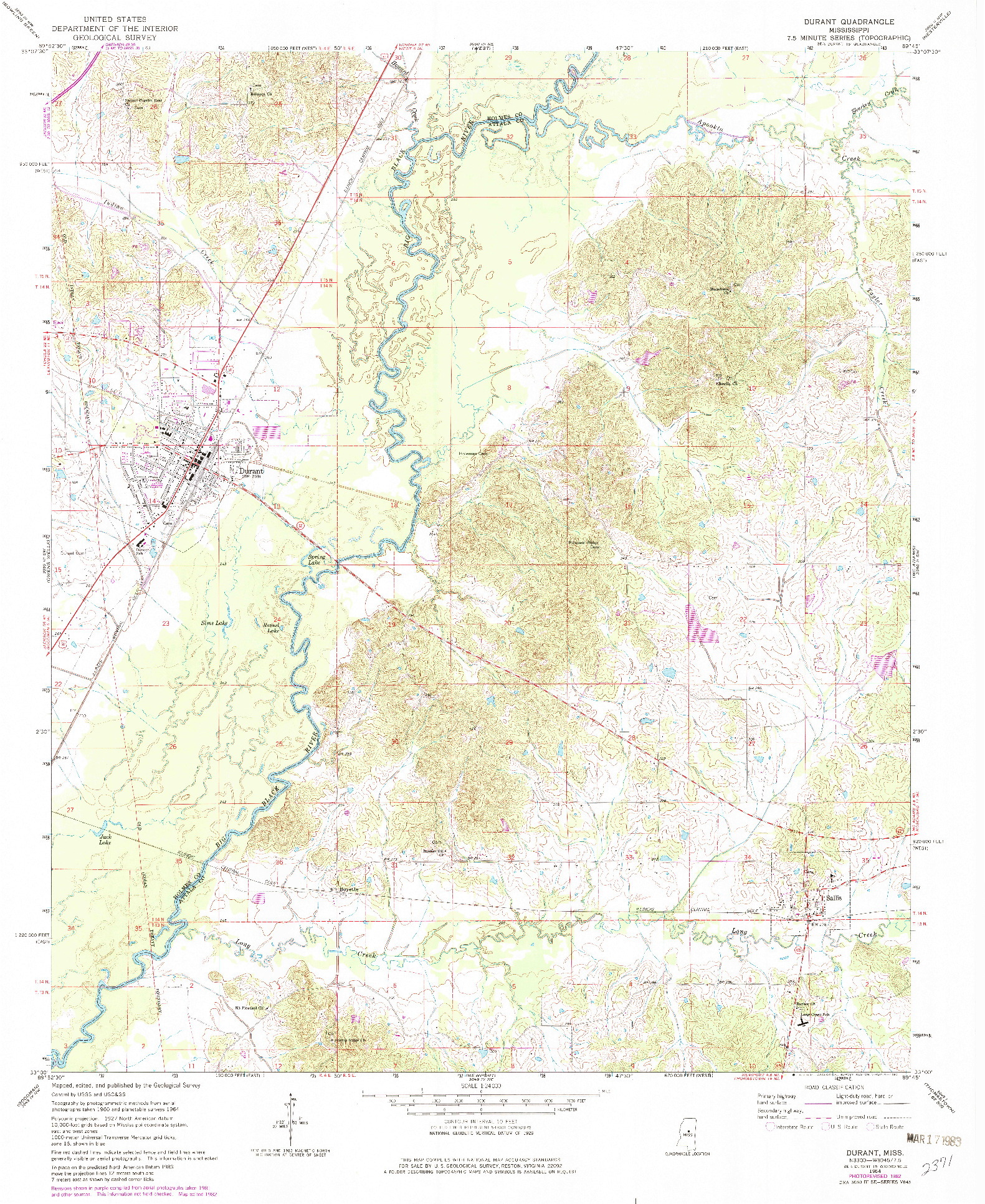 USGS 1:24000-SCALE QUADRANGLE FOR DURANT, MS 1964