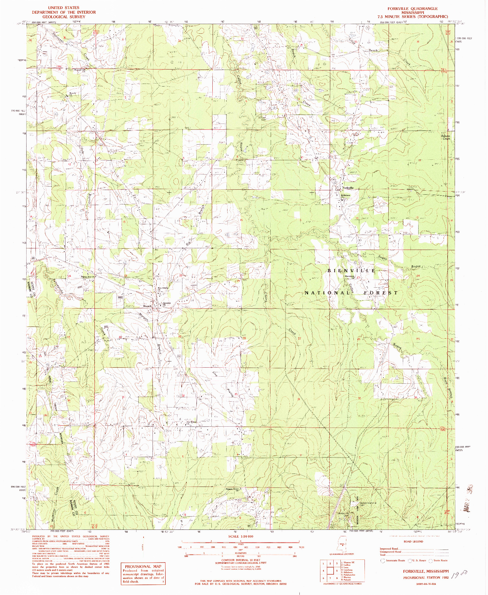 USGS 1:24000-SCALE QUADRANGLE FOR FORKVILLE, MS 1982