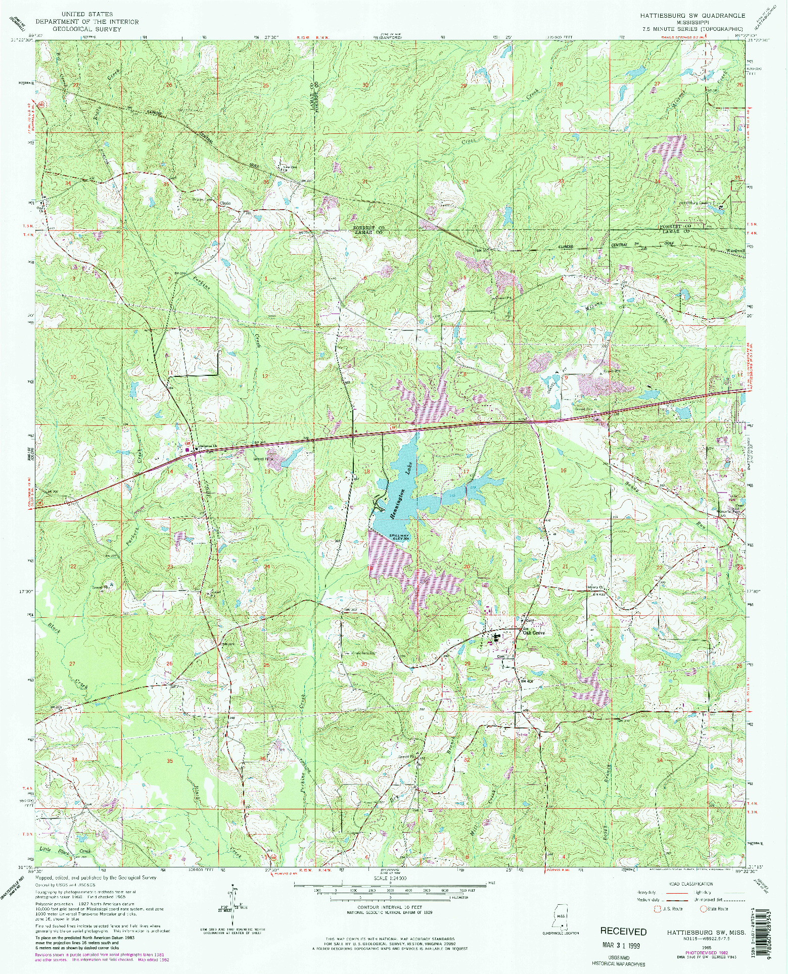 USGS 1:24000-SCALE QUADRANGLE FOR HATTIESBURG SW, MS 1965
