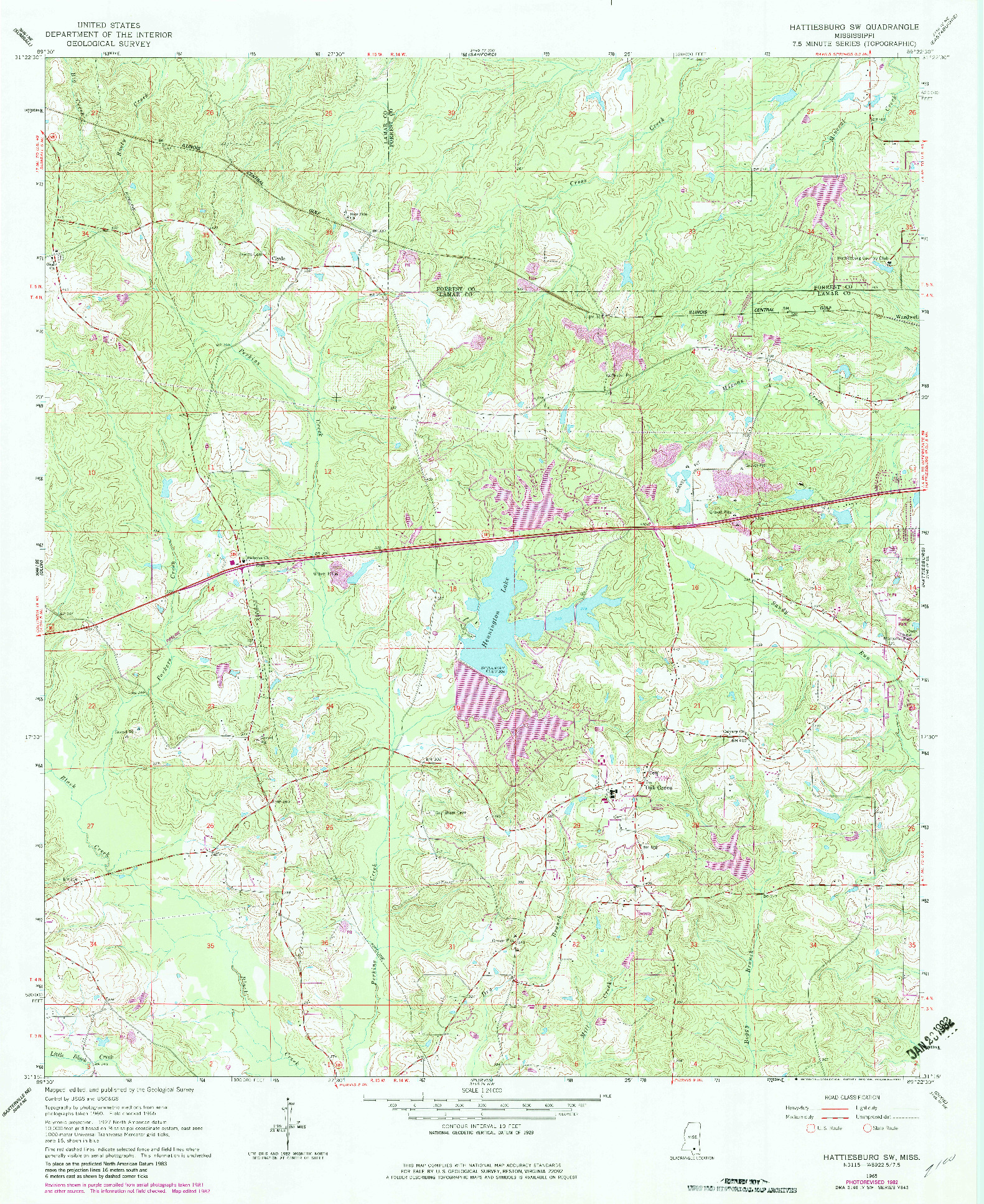 USGS 1:24000-SCALE QUADRANGLE FOR HATTIESBURG SW, MS 1965
