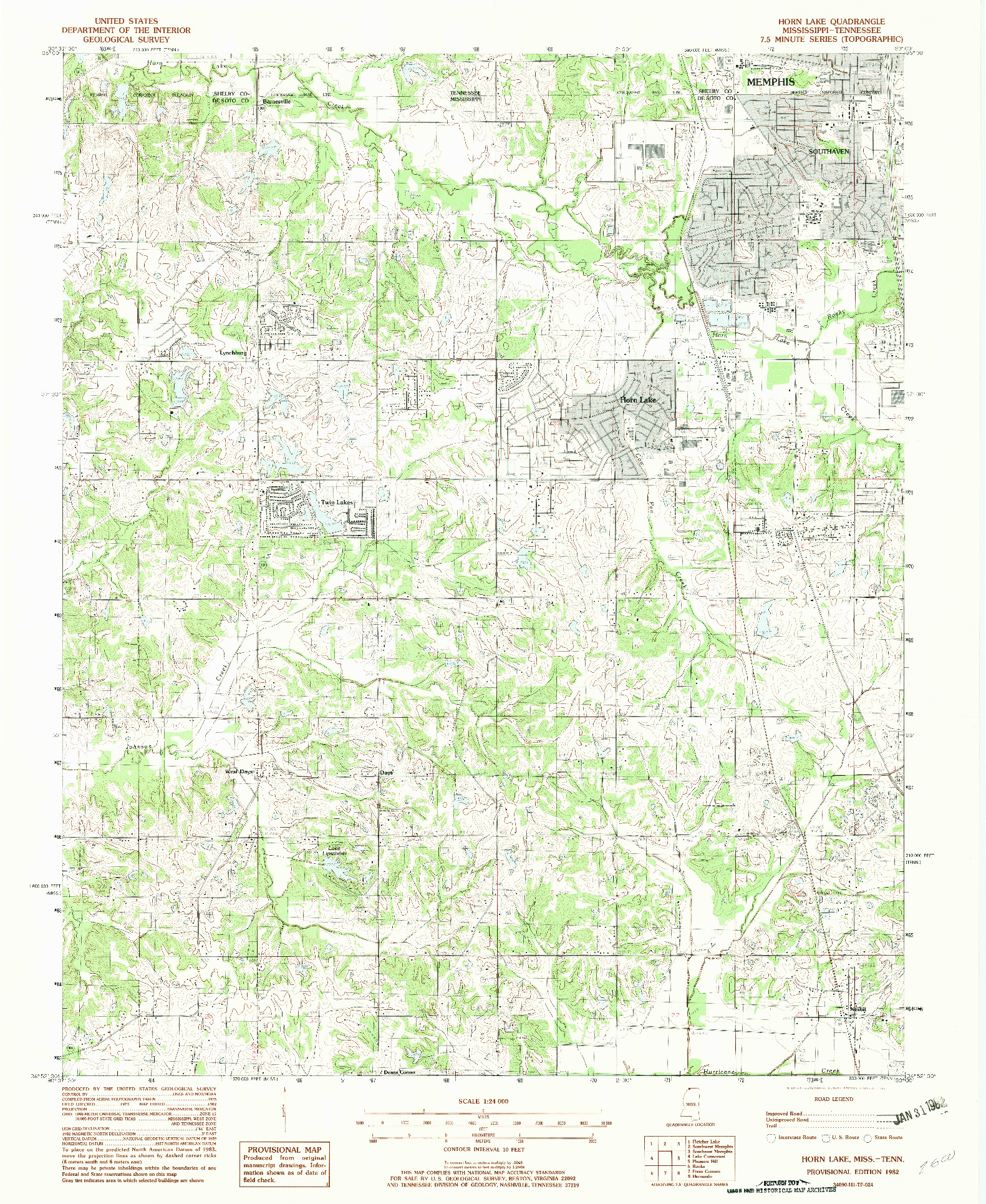 USGS 1:24000-SCALE QUADRANGLE FOR HORN LAKE, MS 1982