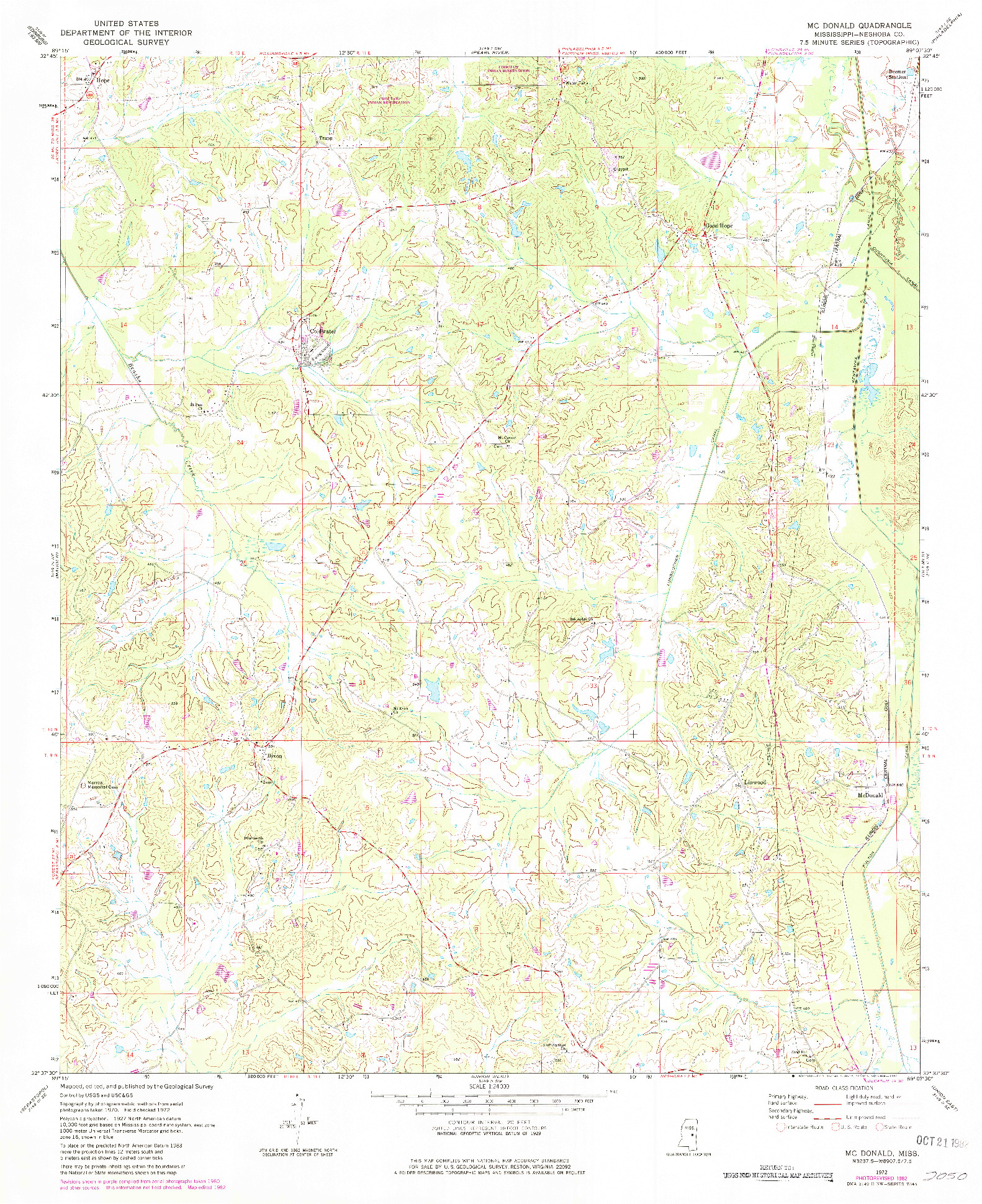 USGS 1:24000-SCALE QUADRANGLE FOR MCDONALD, MS 1972