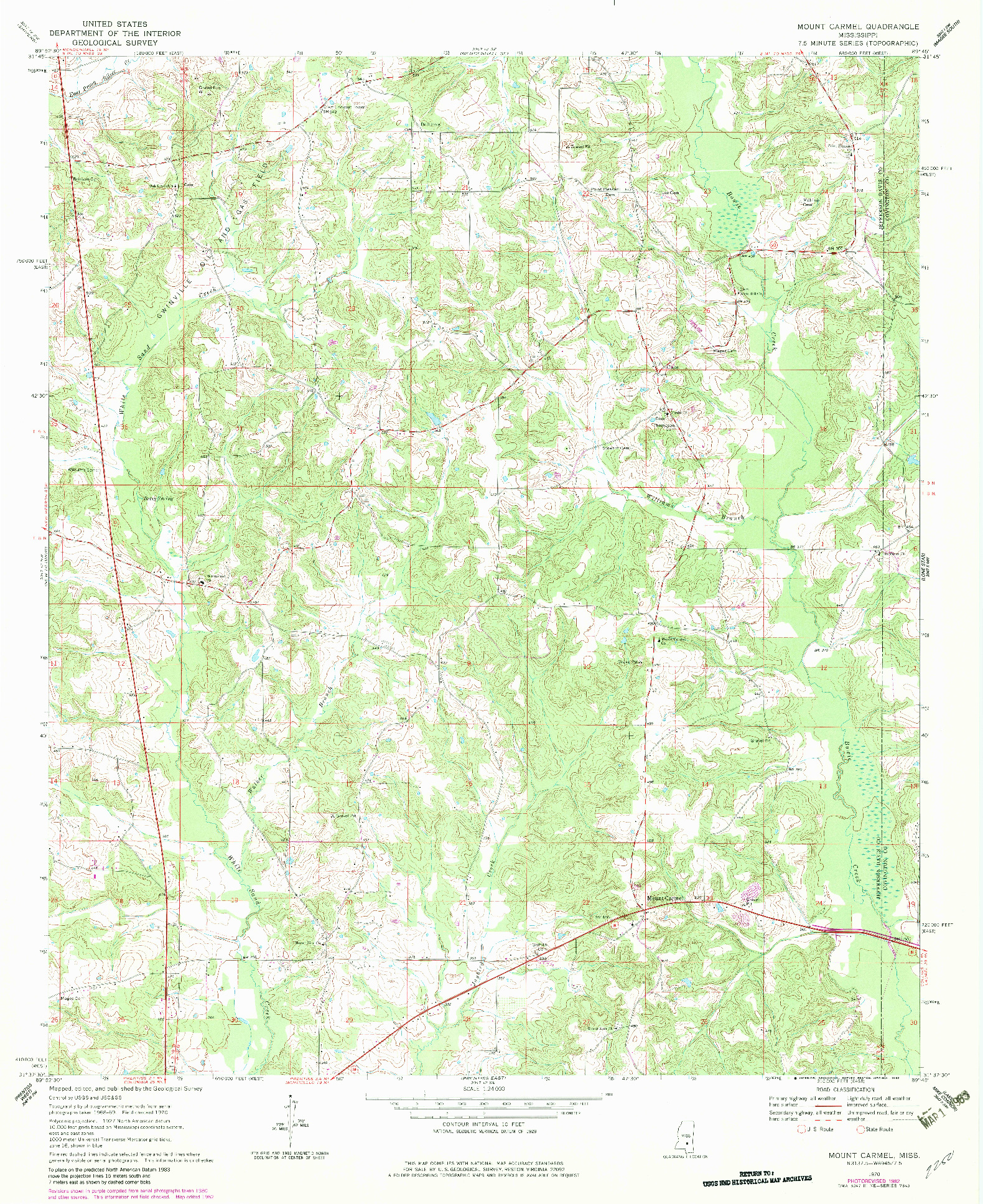 USGS 1:24000-SCALE QUADRANGLE FOR MOUNT CARMEL, MS 1970