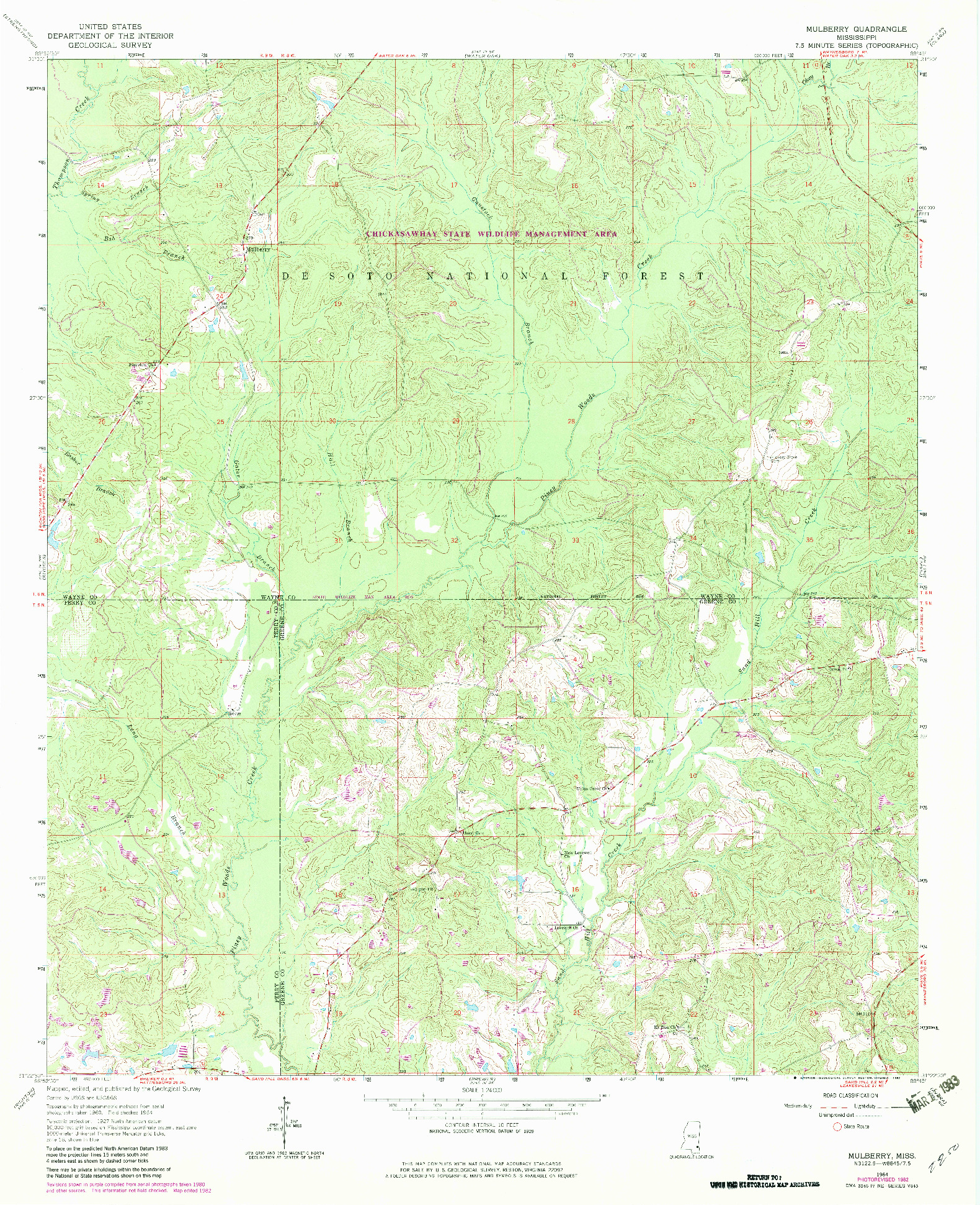 USGS 1:24000-SCALE QUADRANGLE FOR MULBERRY, MS 1964