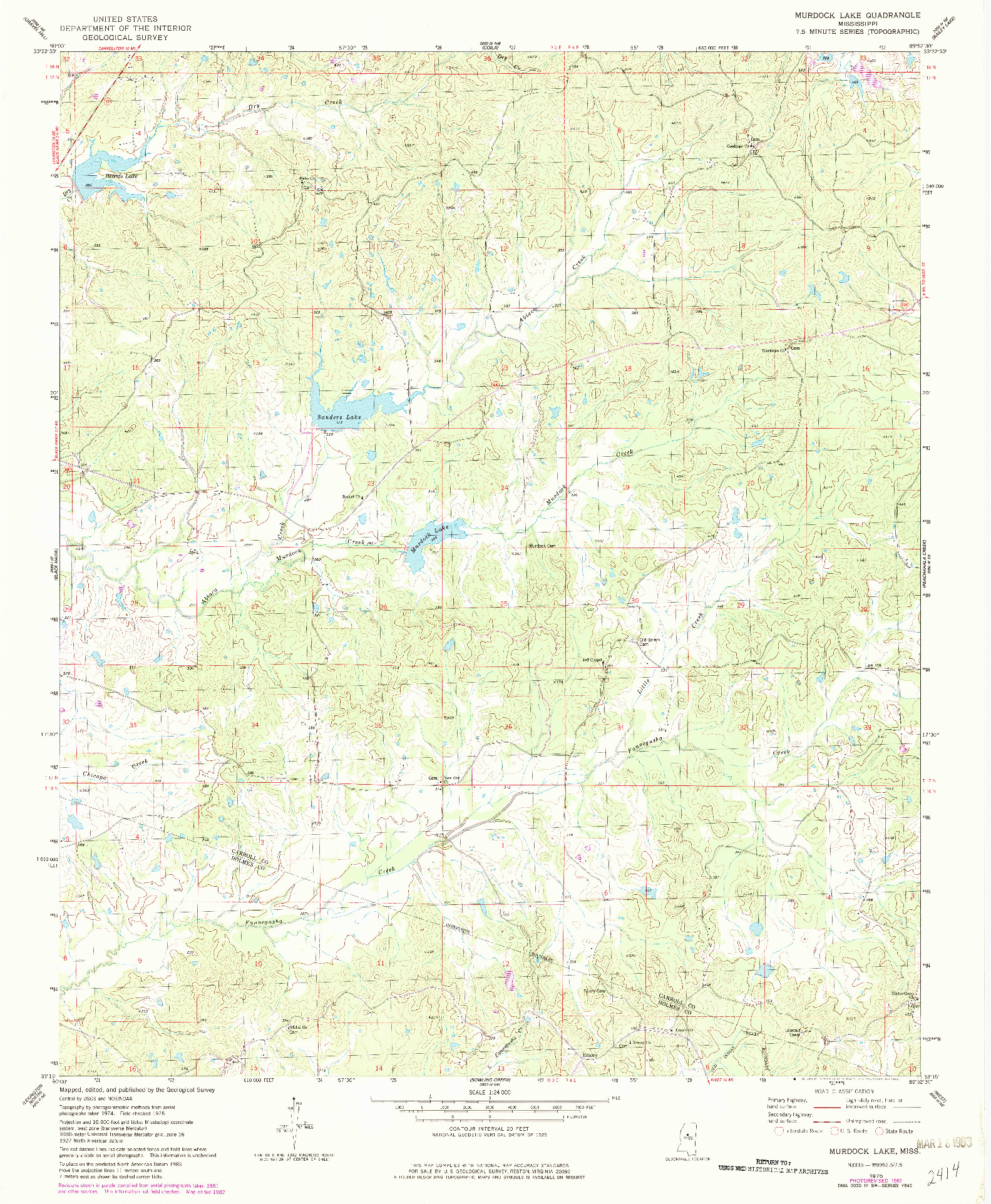 USGS 1:24000-SCALE QUADRANGLE FOR MURDOCK LAKE, MS 1975