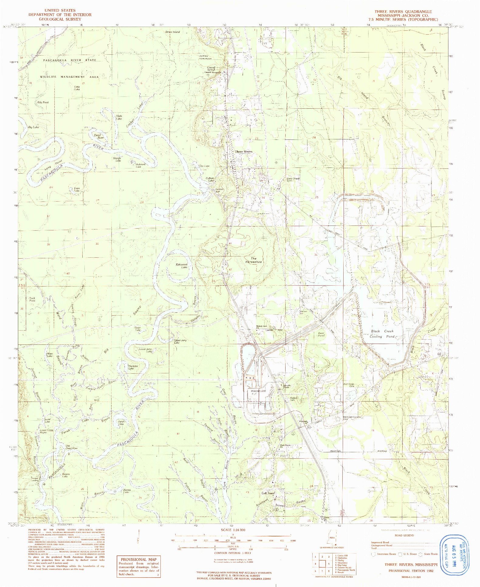 USGS 1:24000-SCALE QUADRANGLE FOR THREE RIVERS, MS 1982