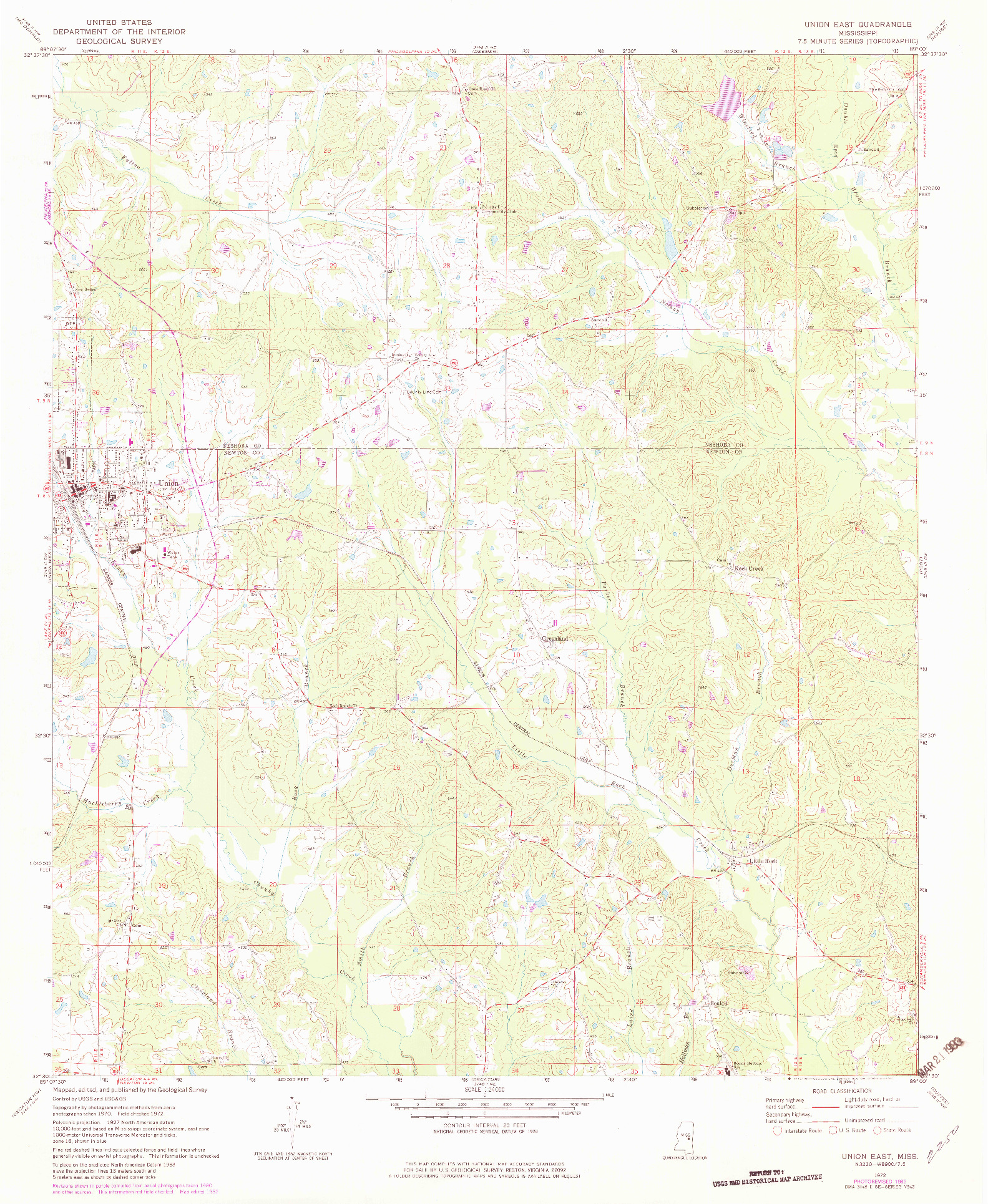 USGS 1:24000-SCALE QUADRANGLE FOR UNION EAST, MS 1972