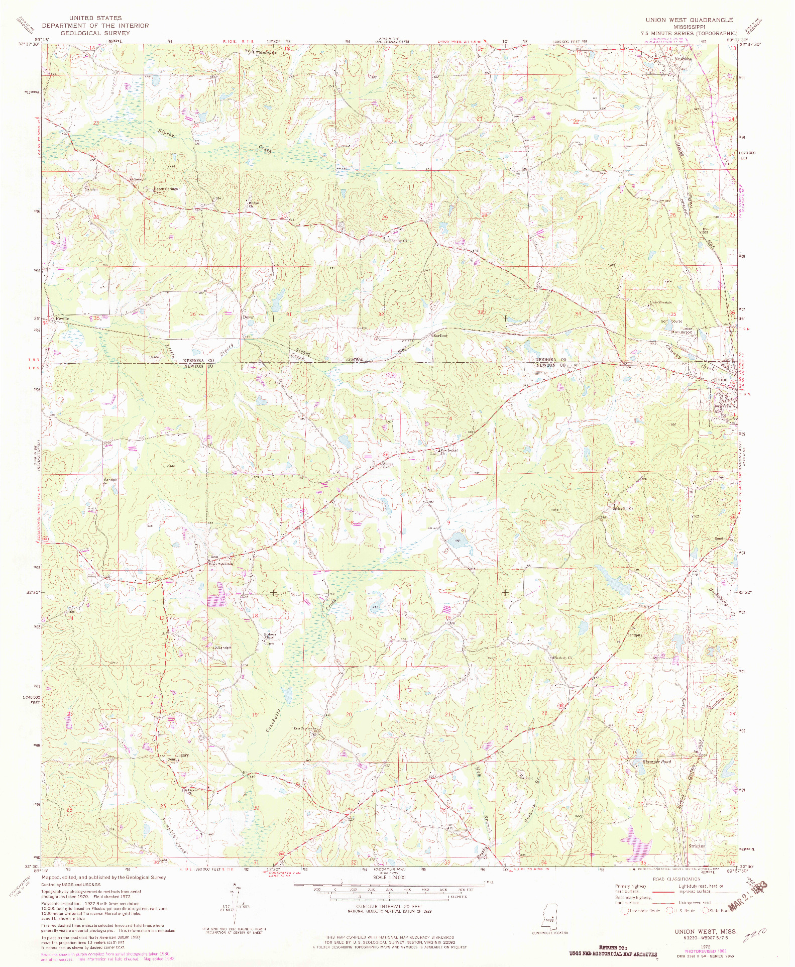 USGS 1:24000-SCALE QUADRANGLE FOR UNION WEST, MS 1972