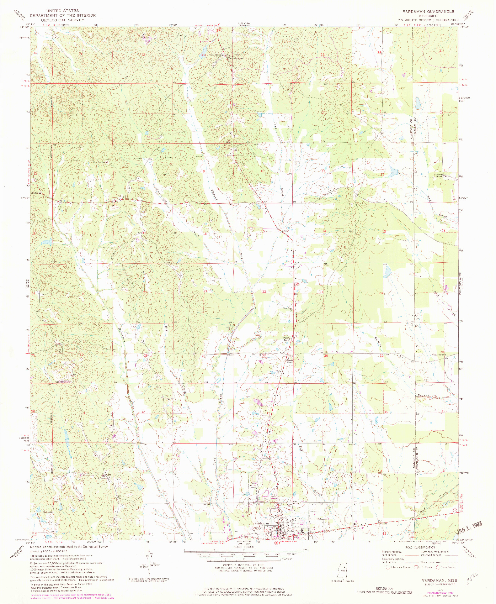 USGS 1:24000-SCALE QUADRANGLE FOR VARDAMAN, MS 1972