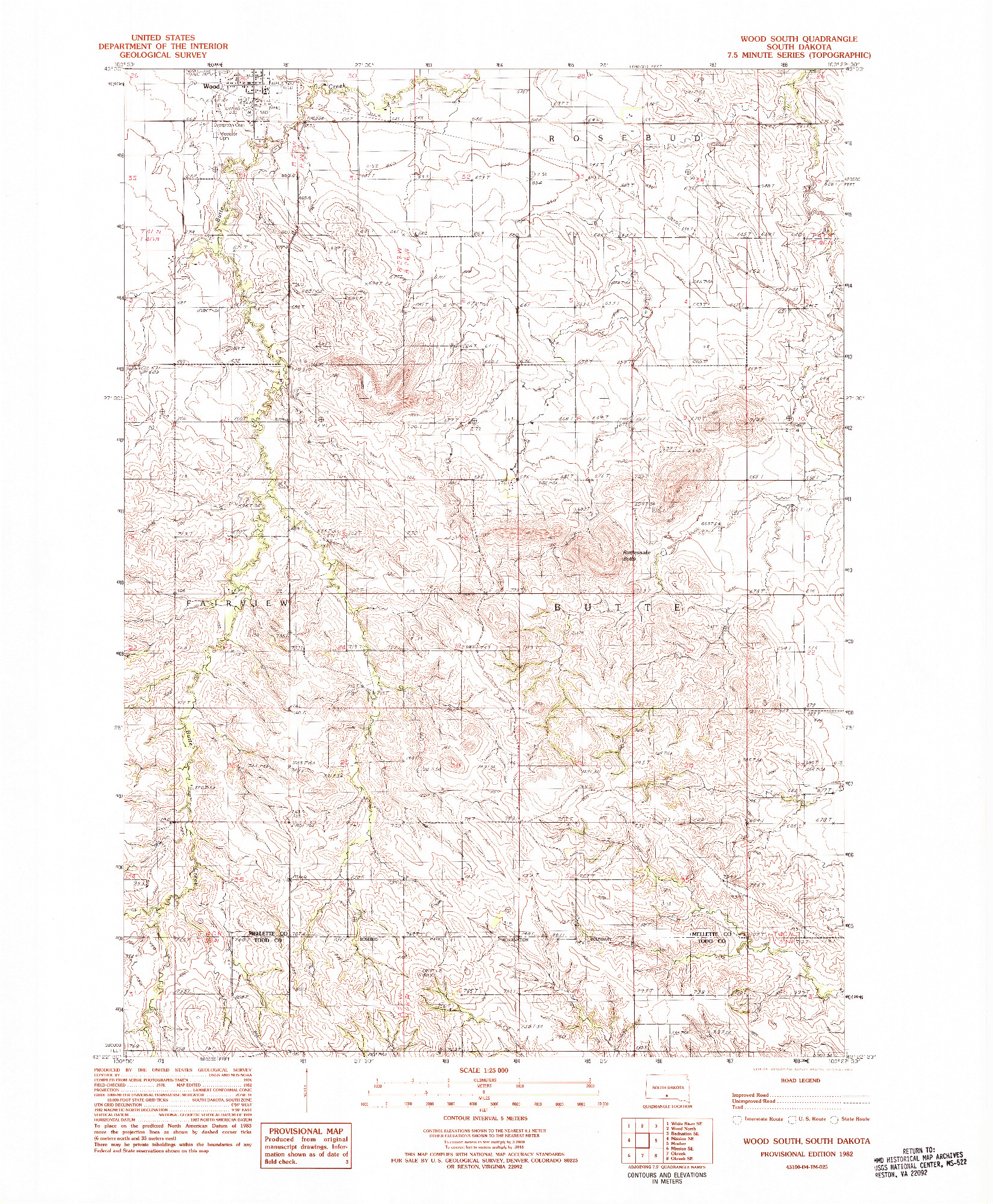 USGS 1:24000-SCALE QUADRANGLE FOR WOOD SOUTH, SD 1982