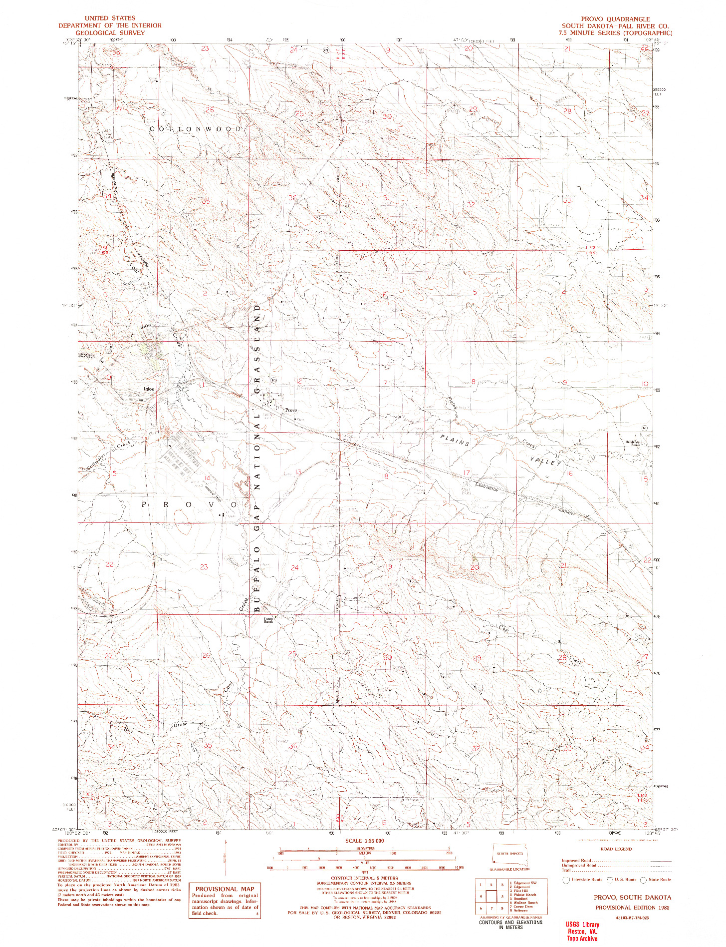 USGS 1:25000-SCALE QUADRANGLE FOR PROVO, SD 1982