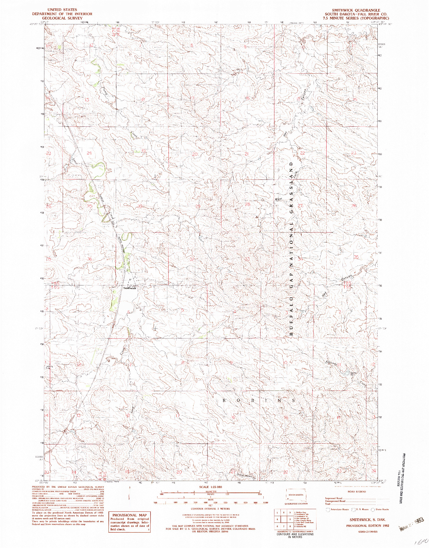 USGS 1:25000-SCALE QUADRANGLE FOR SMITHWICK, SD 1982