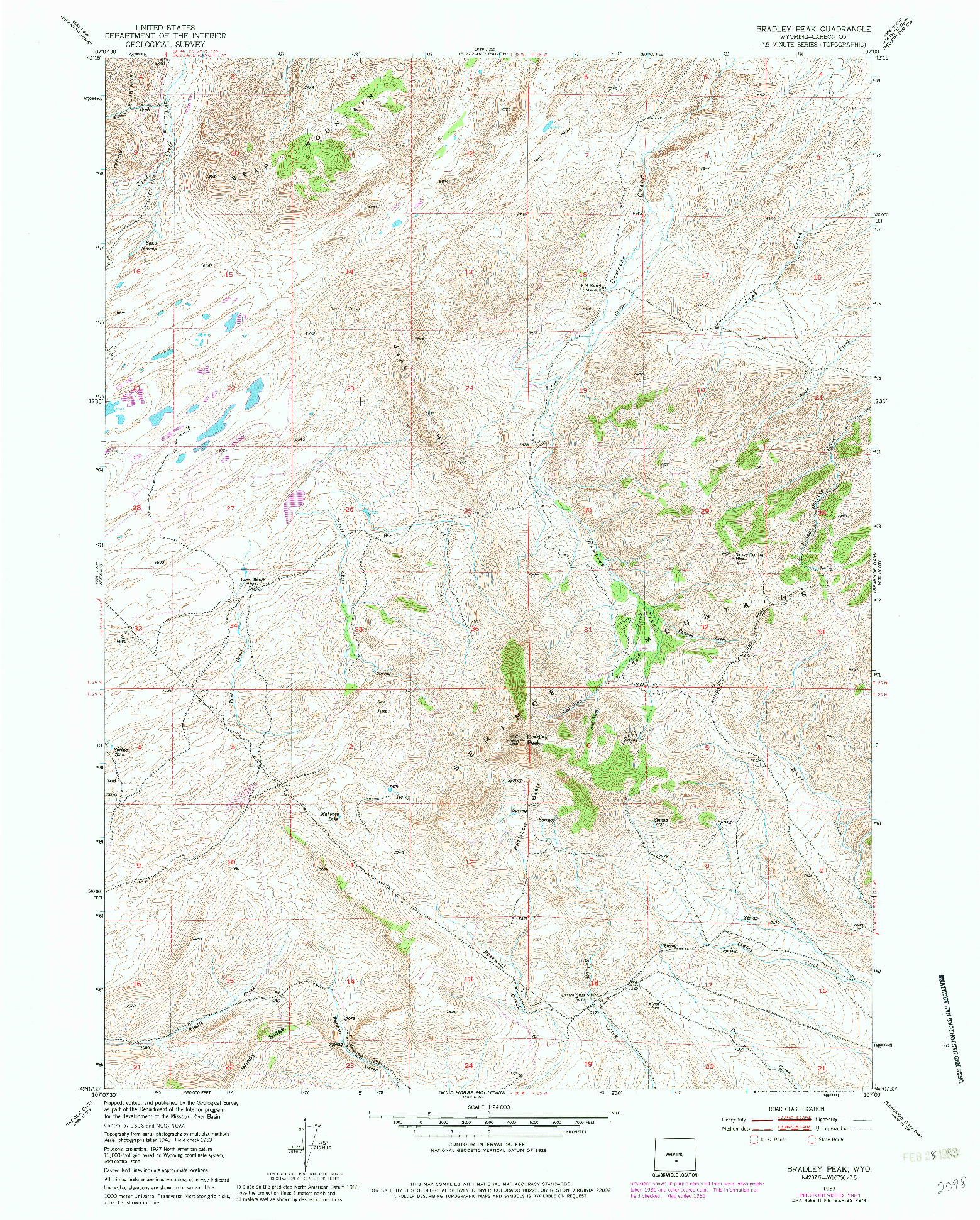 USGS 1:24000-SCALE QUADRANGLE FOR BRADLEY PEAK, WY 1953