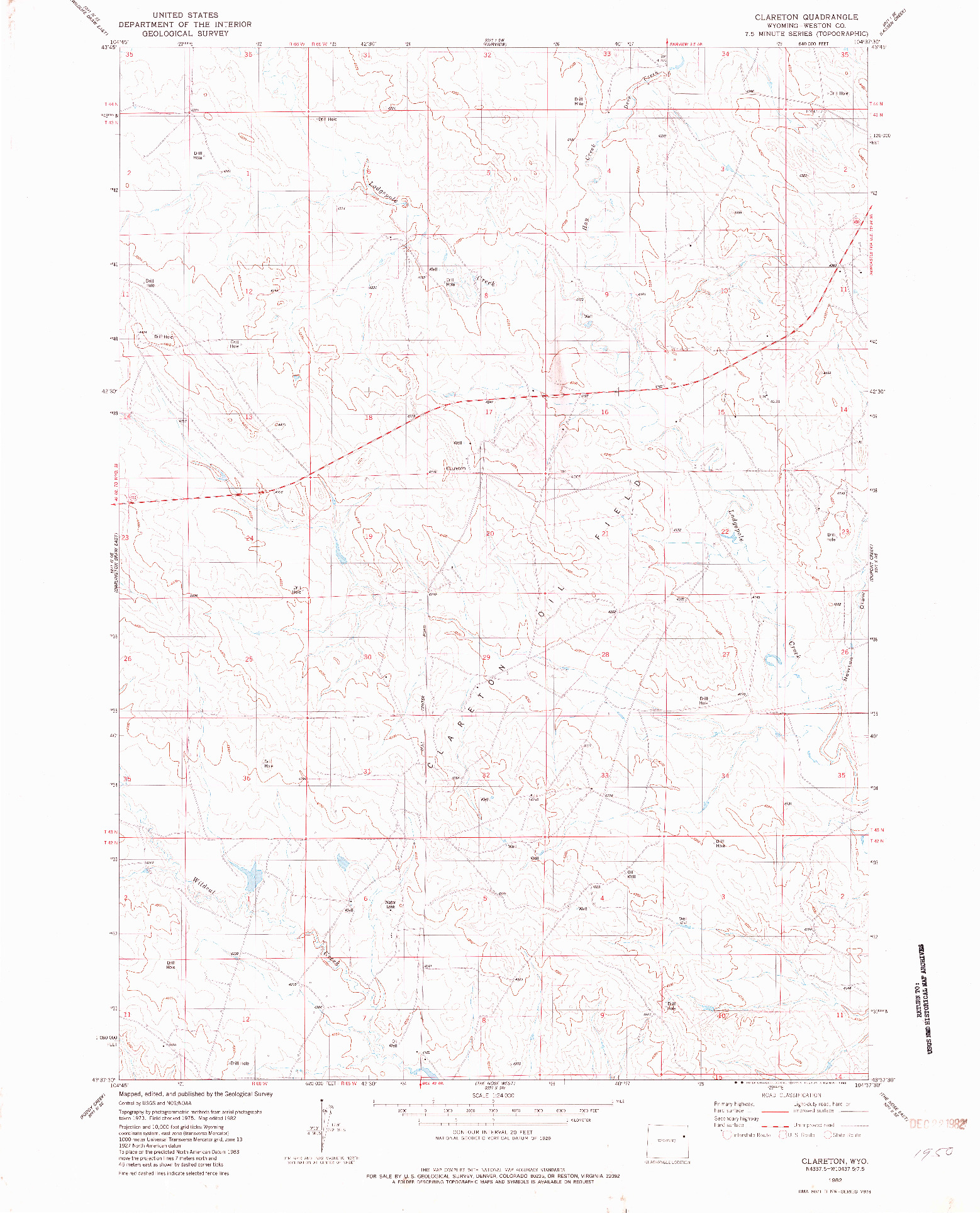 USGS 1:24000-SCALE QUADRANGLE FOR CLARETON, WY 1982