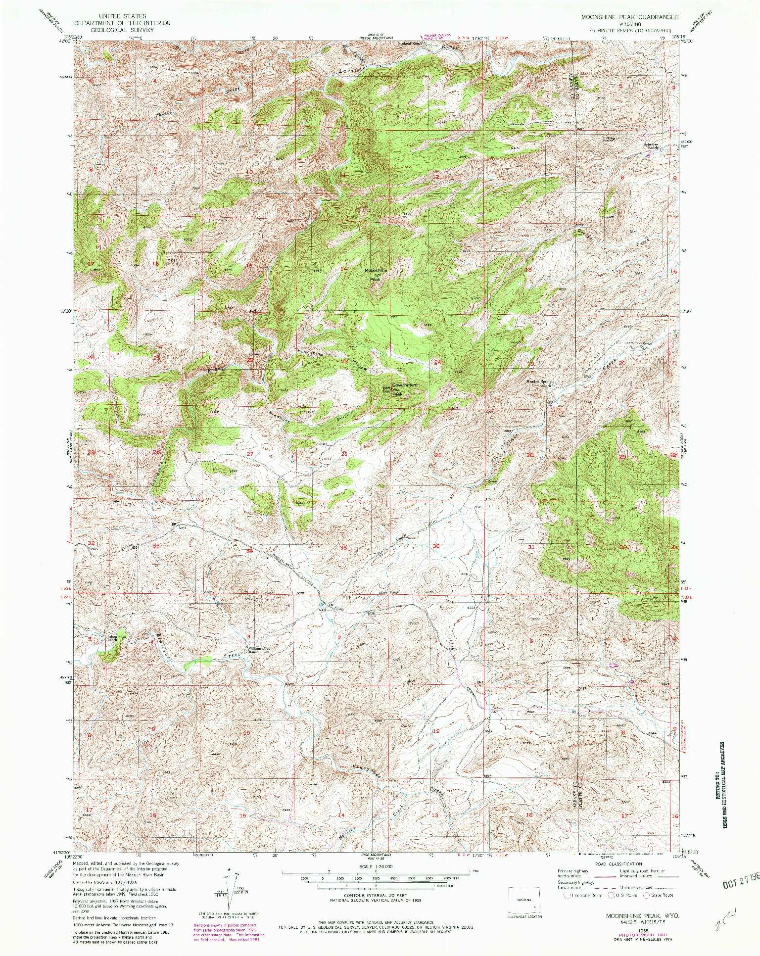 USGS 1:24000-SCALE QUADRANGLE FOR MOONSHINE PEAK, WY 1955