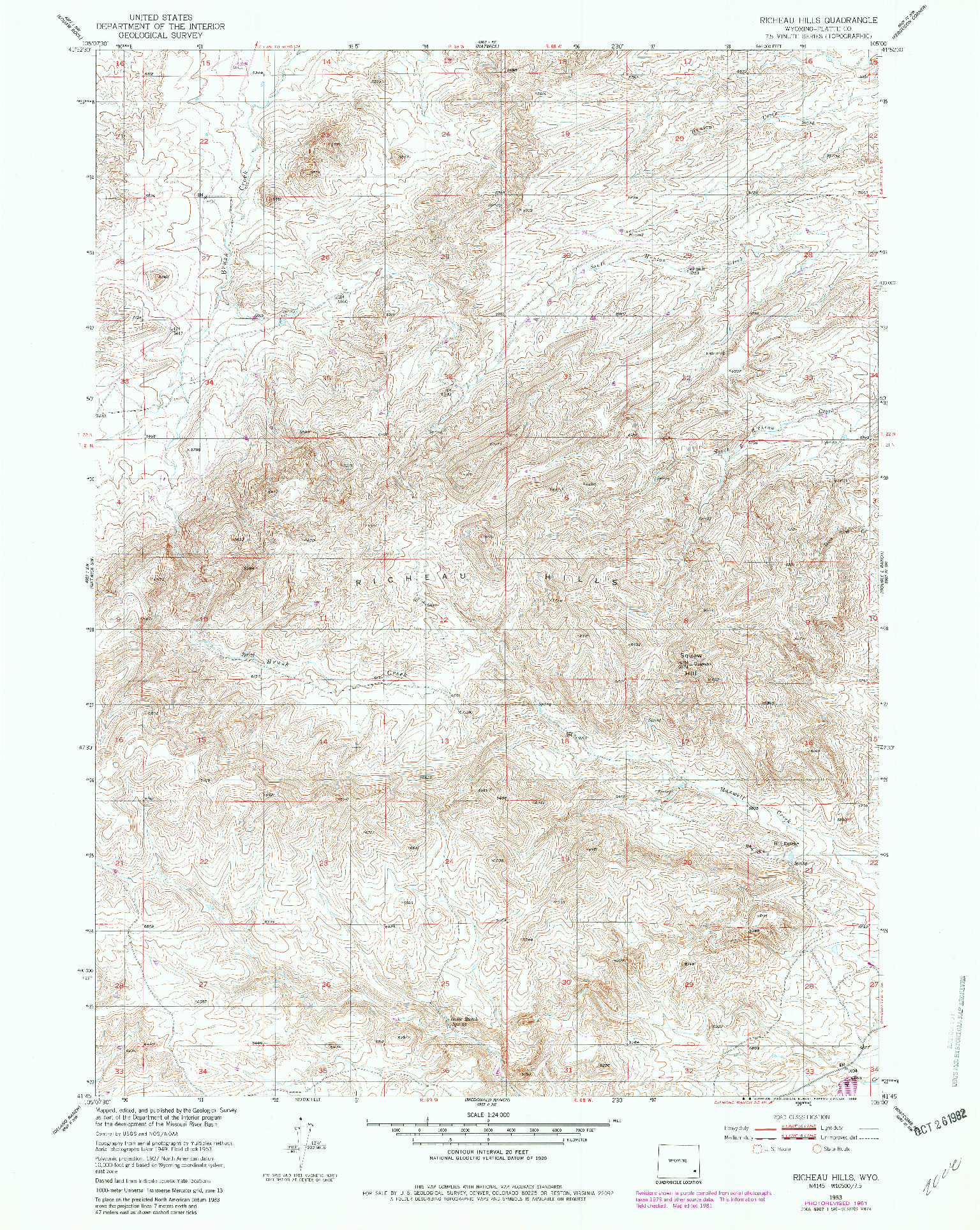USGS 1:24000-SCALE QUADRANGLE FOR RICHEAU HILLS, WY 1953