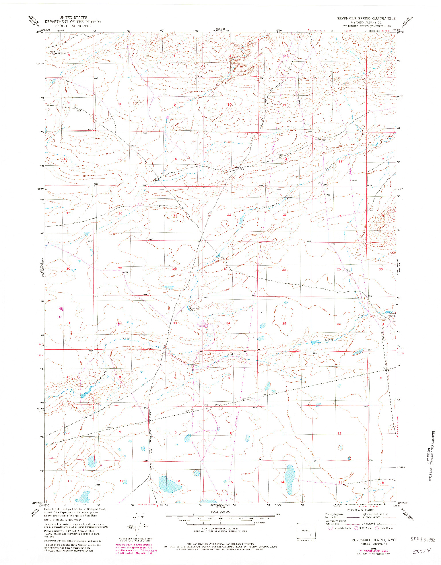 USGS 1:24000-SCALE QUADRANGLE FOR SEVENMILE SPRING, WY 1955