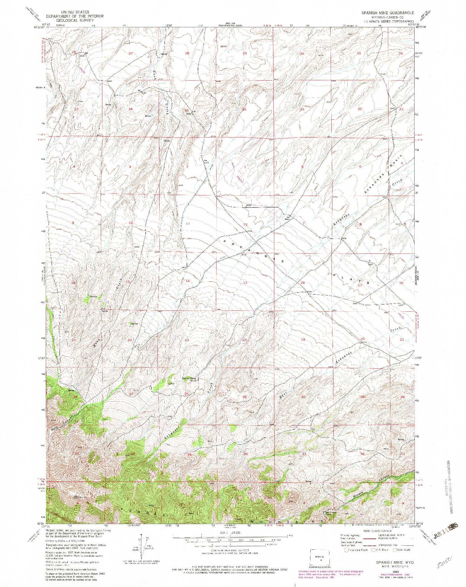 USGS 1:24000-SCALE QUADRANGLE FOR SPANISH MINE, WY 1953