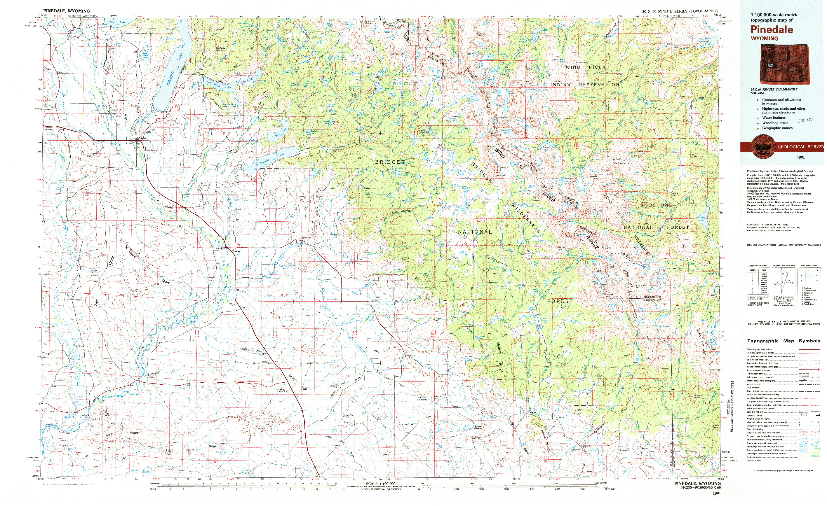 USGS 1:100000-SCALE QUADRANGLE FOR PINEDALE, WY 1981