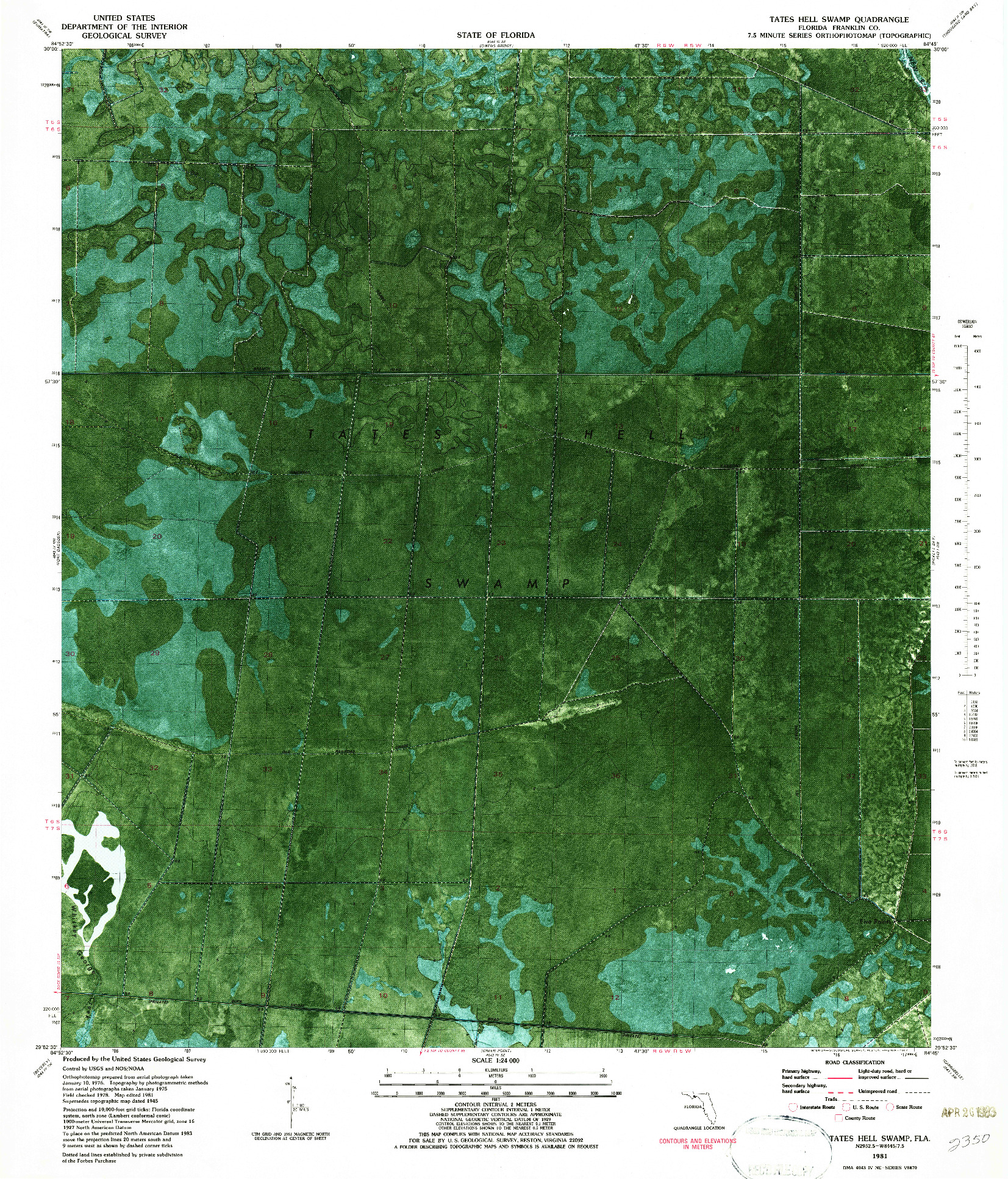 USGS 1:24000-SCALE QUADRANGLE FOR TATES HELL SWAMP, FL 1981