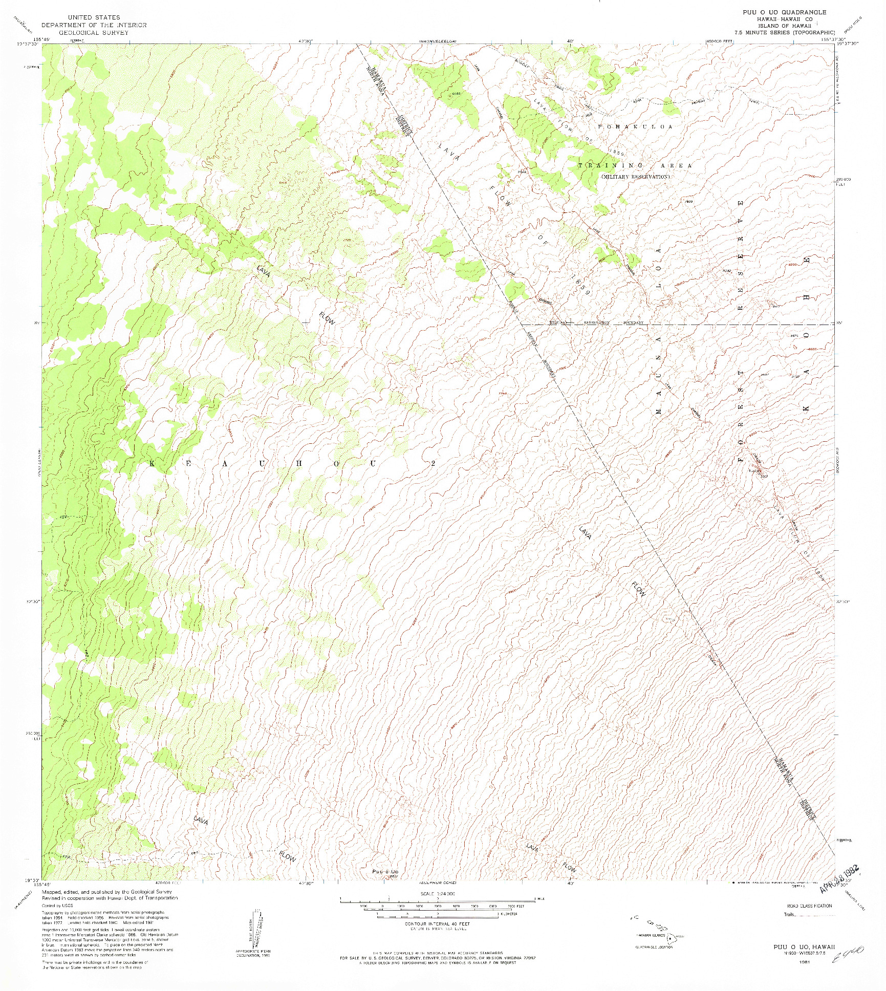 USGS 1:24000-SCALE QUADRANGLE FOR PUU O UO, HI 1981