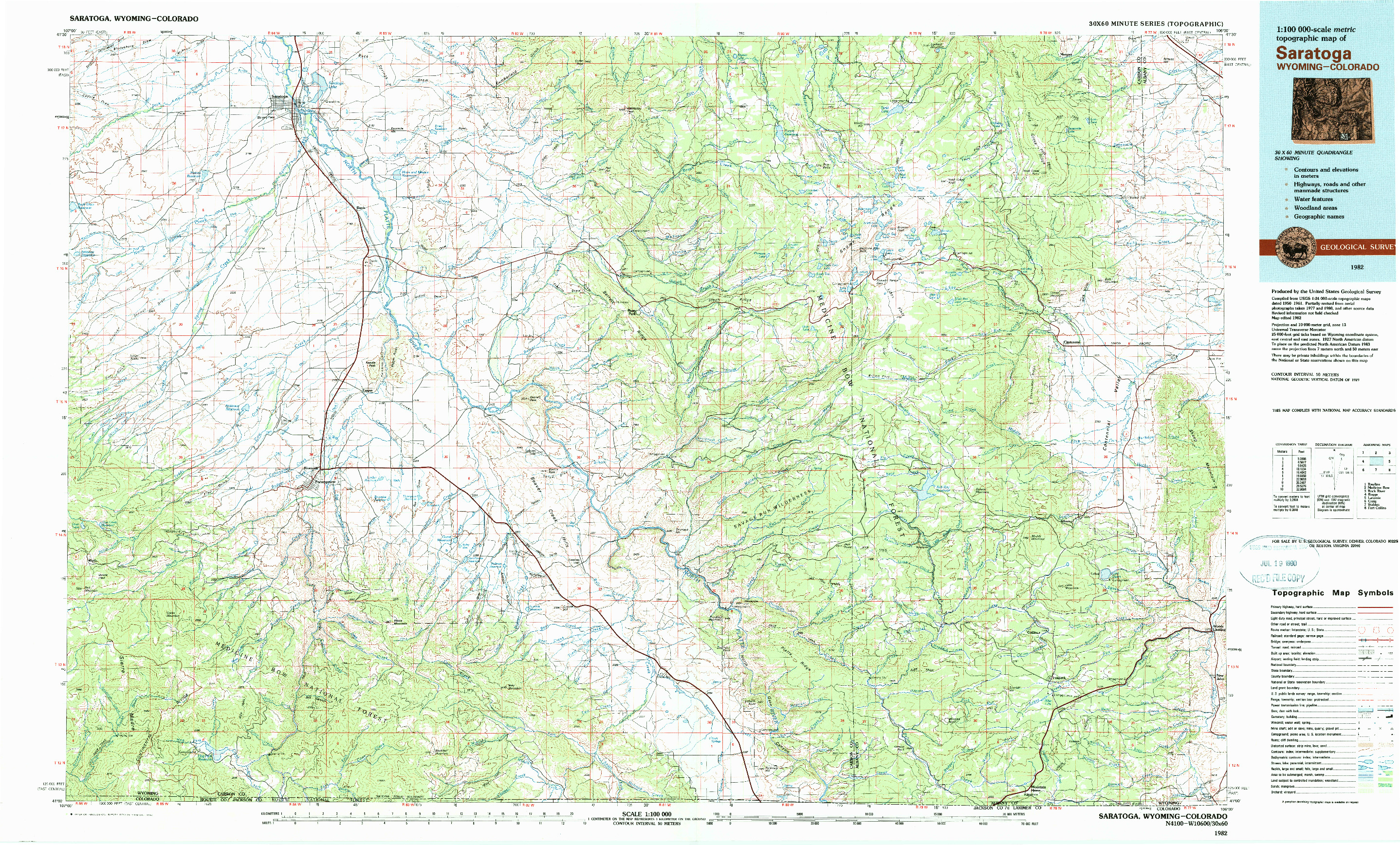 USGS 1:100000-SCALE QUADRANGLE FOR SARATOGA, WY 1982