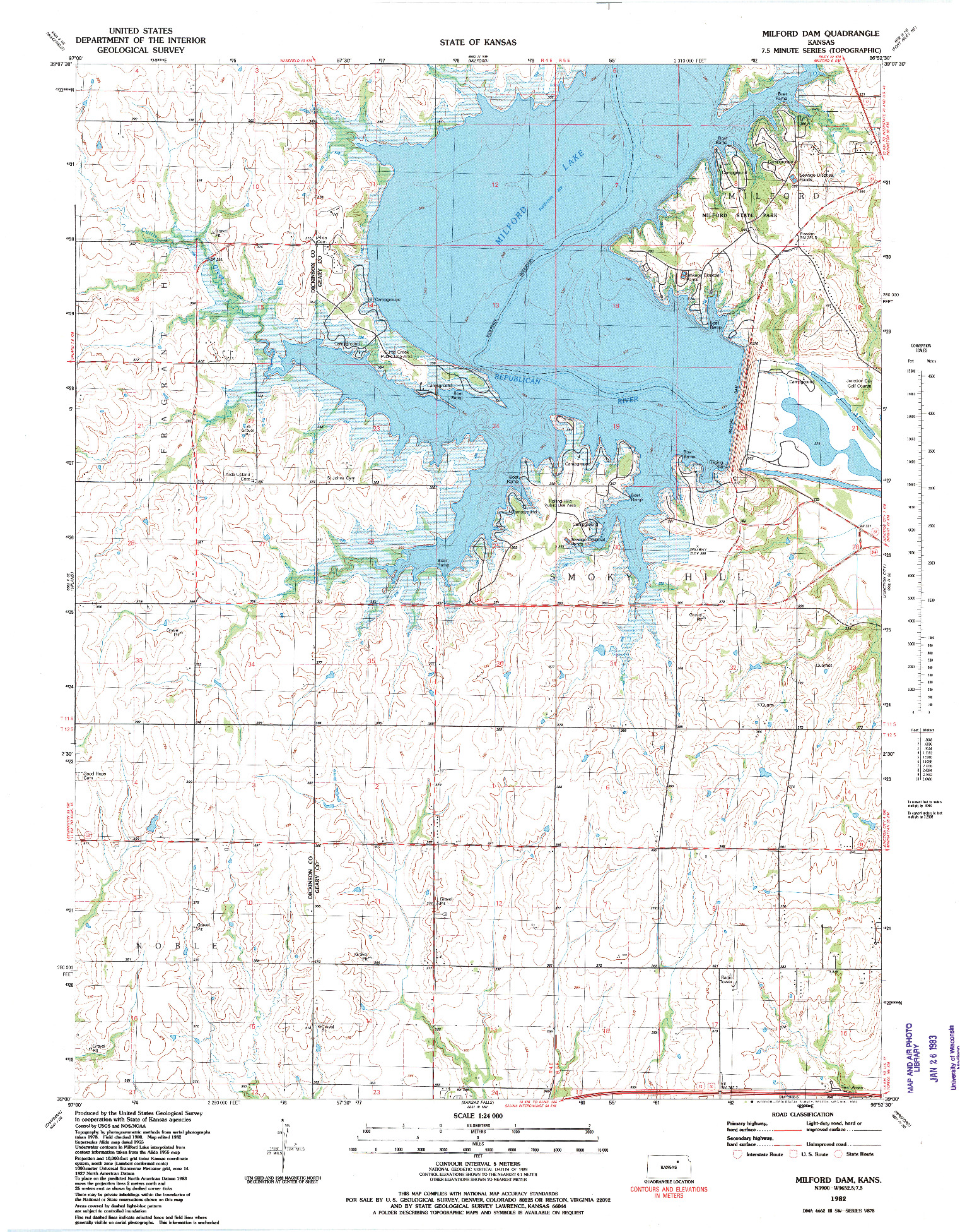 USGS 1:24000-SCALE QUADRANGLE FOR MILFORD DAM, KS 1982