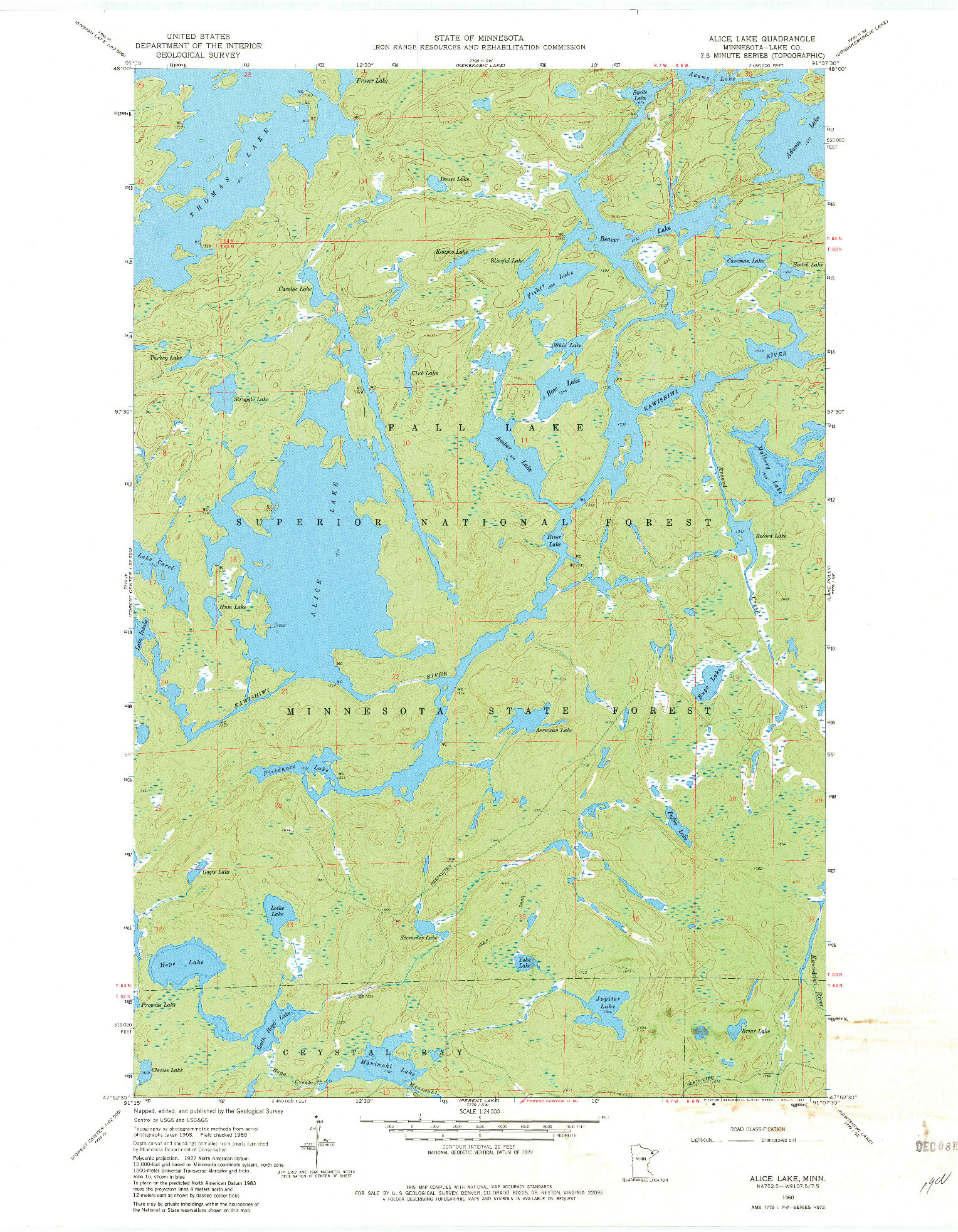 USGS 1:24000-SCALE QUADRANGLE FOR ALICE LAKE, MN 1960