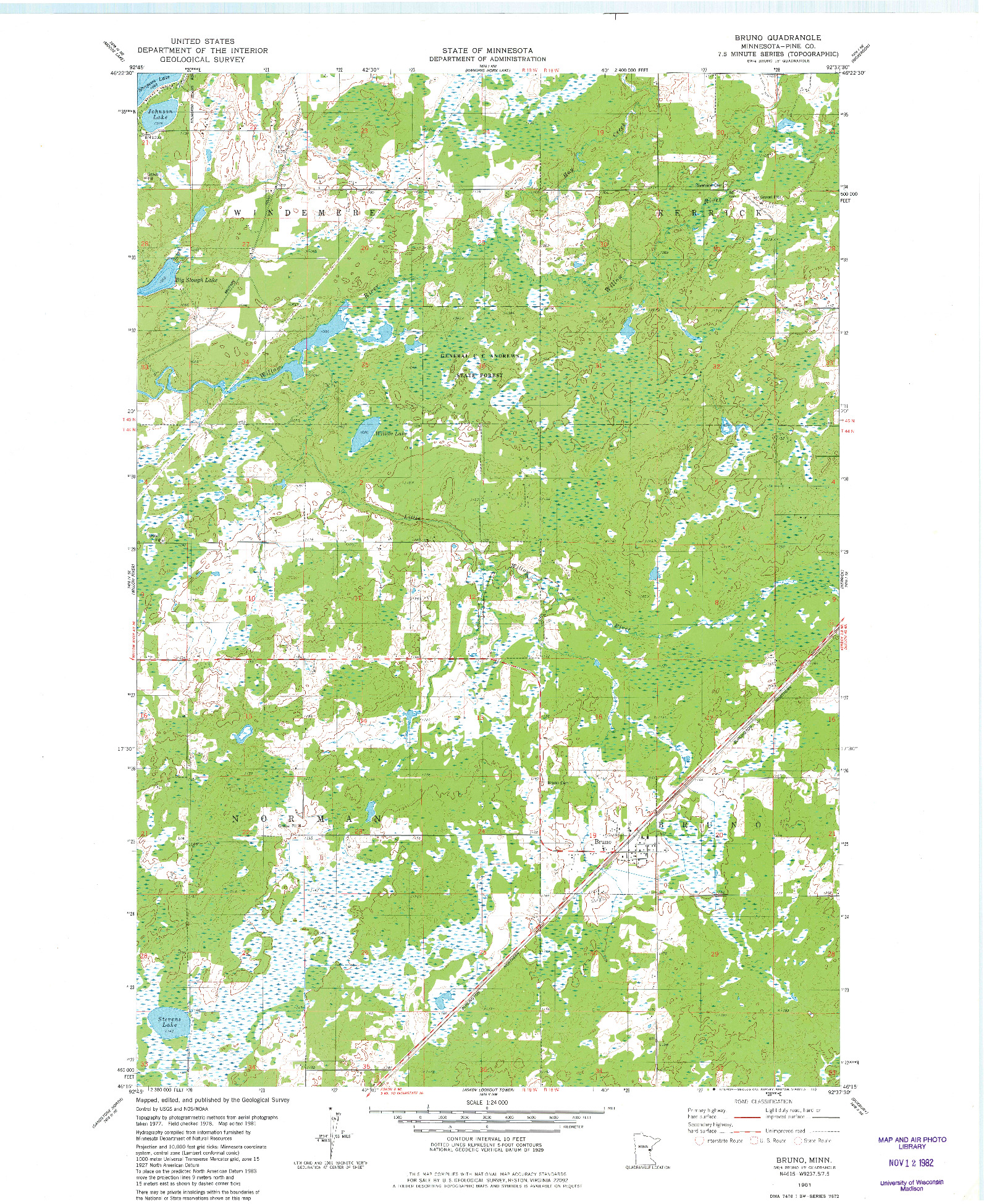 USGS 1:24000-SCALE QUADRANGLE FOR BRUNO, MN 1981