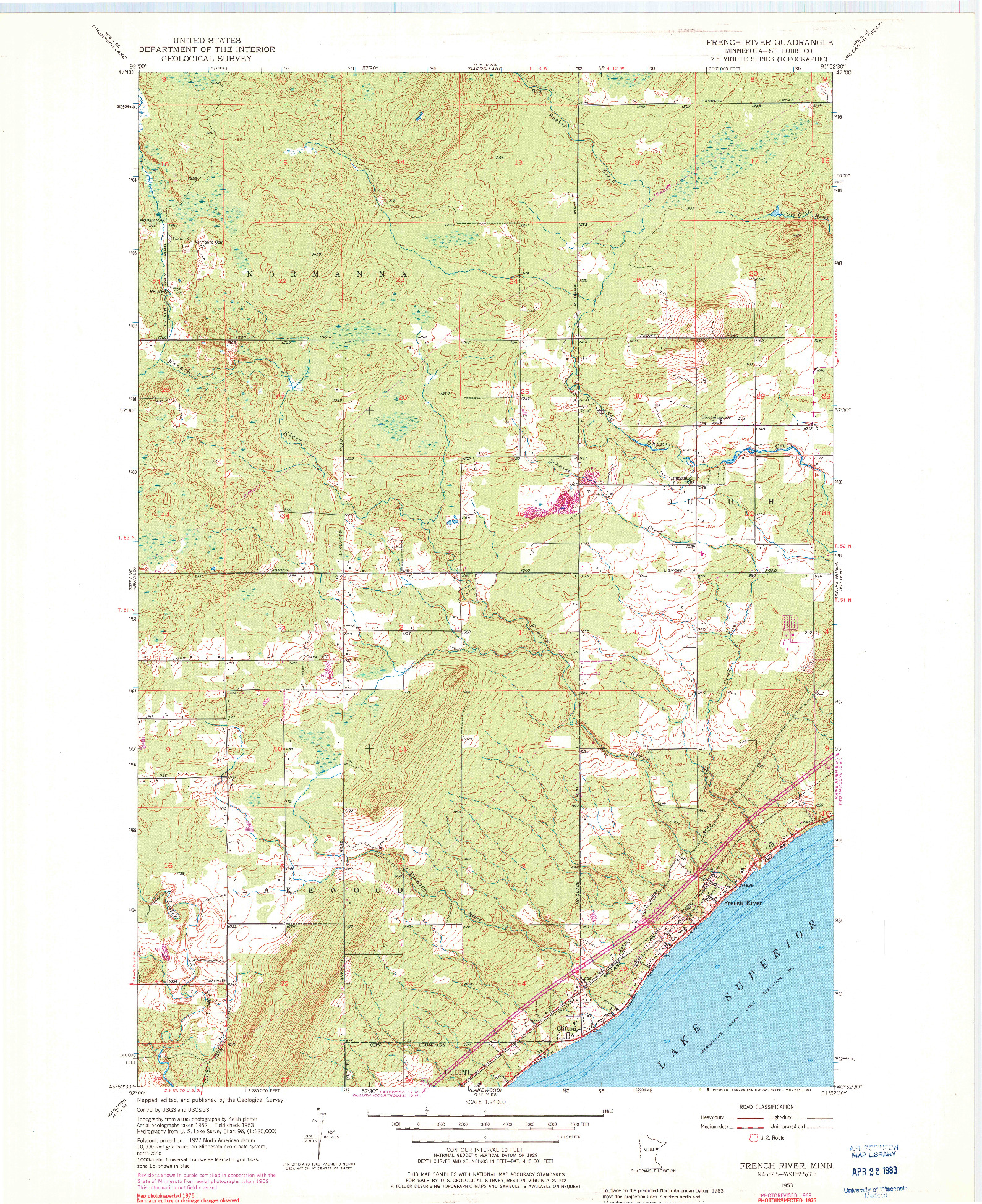 USGS 1:24000-SCALE QUADRANGLE FOR FRENCH RIVER, MN 1953