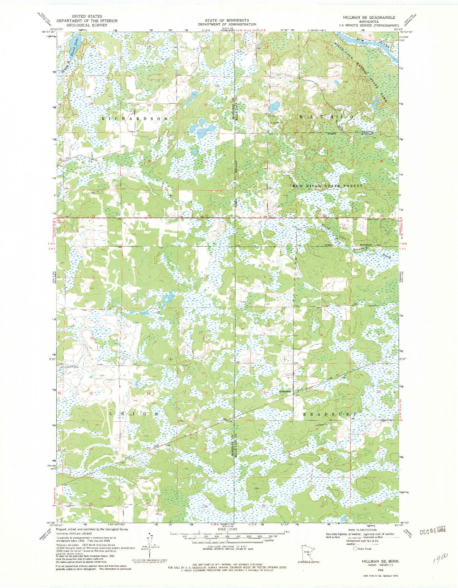USGS 1:24000-SCALE QUADRANGLE FOR HILLMAN SE, MN 1968