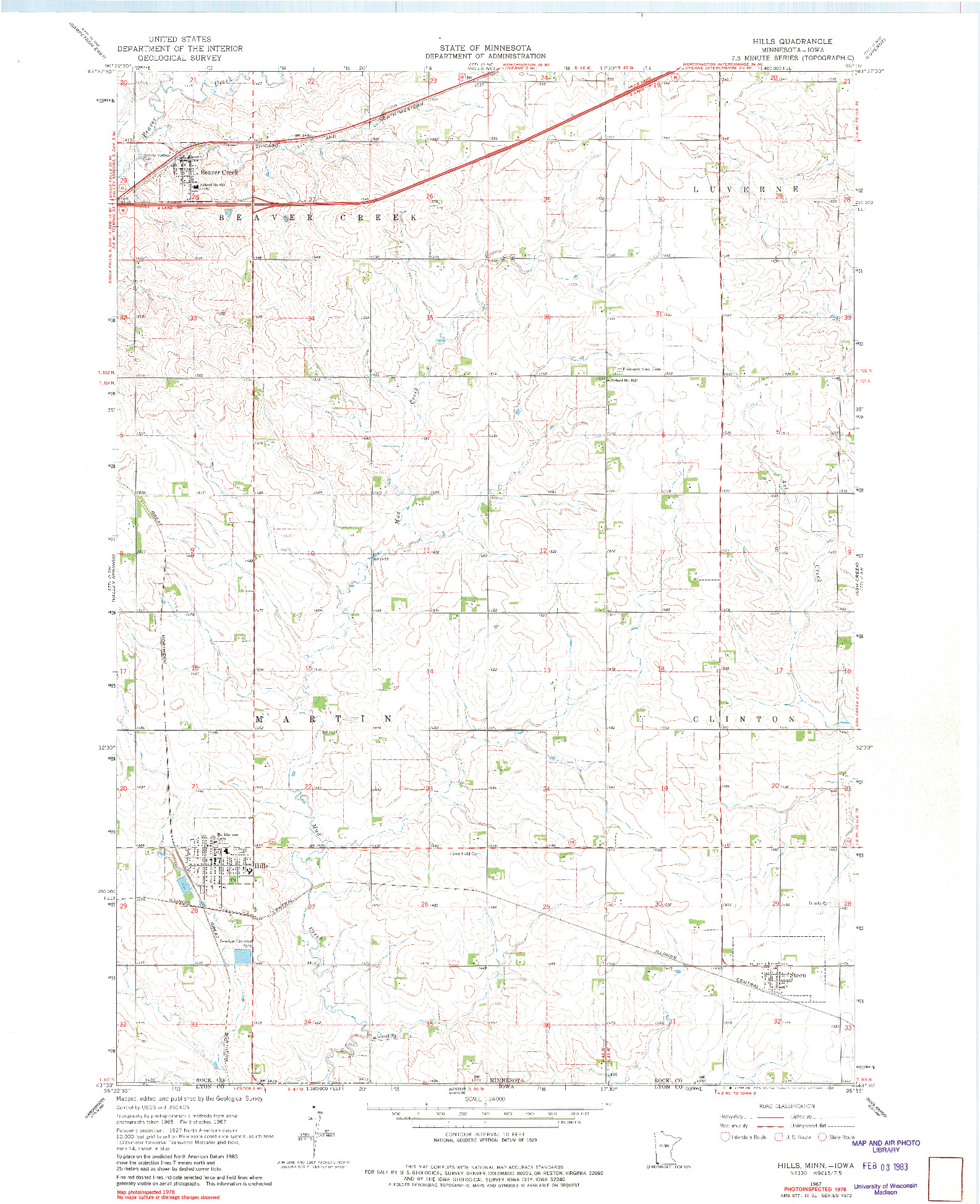 USGS 1:24000-SCALE QUADRANGLE FOR HILLS, MN 1967