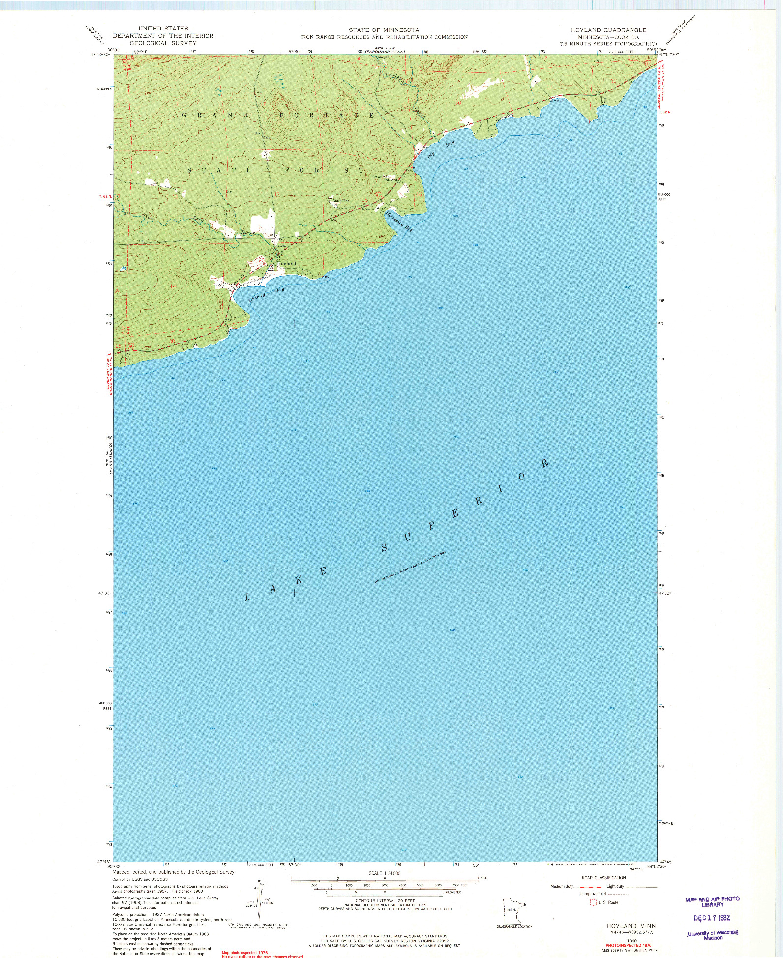 USGS 1:24000-SCALE QUADRANGLE FOR HOVLAND, MN 1960