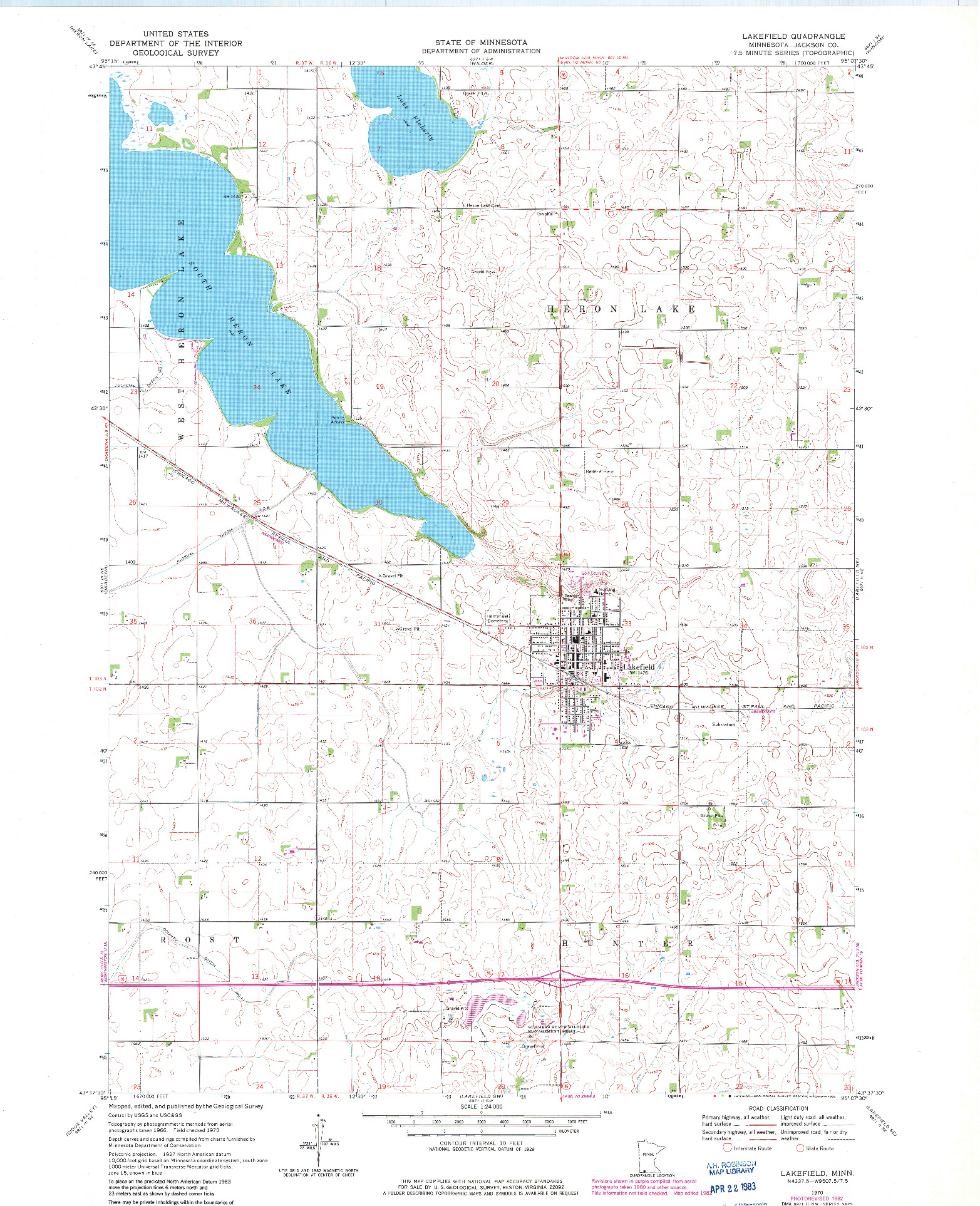 USGS 1:24000-SCALE QUADRANGLE FOR LAKEFIELD, MN 1970