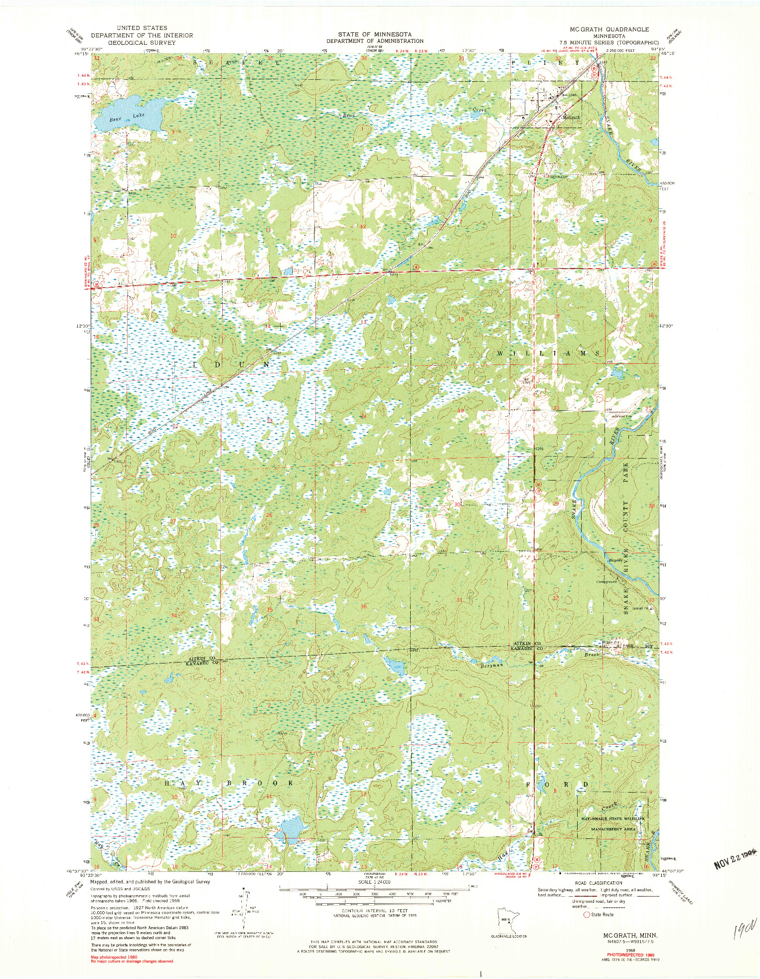 USGS 1:24000-SCALE QUADRANGLE FOR MC GRATH, MN 1968