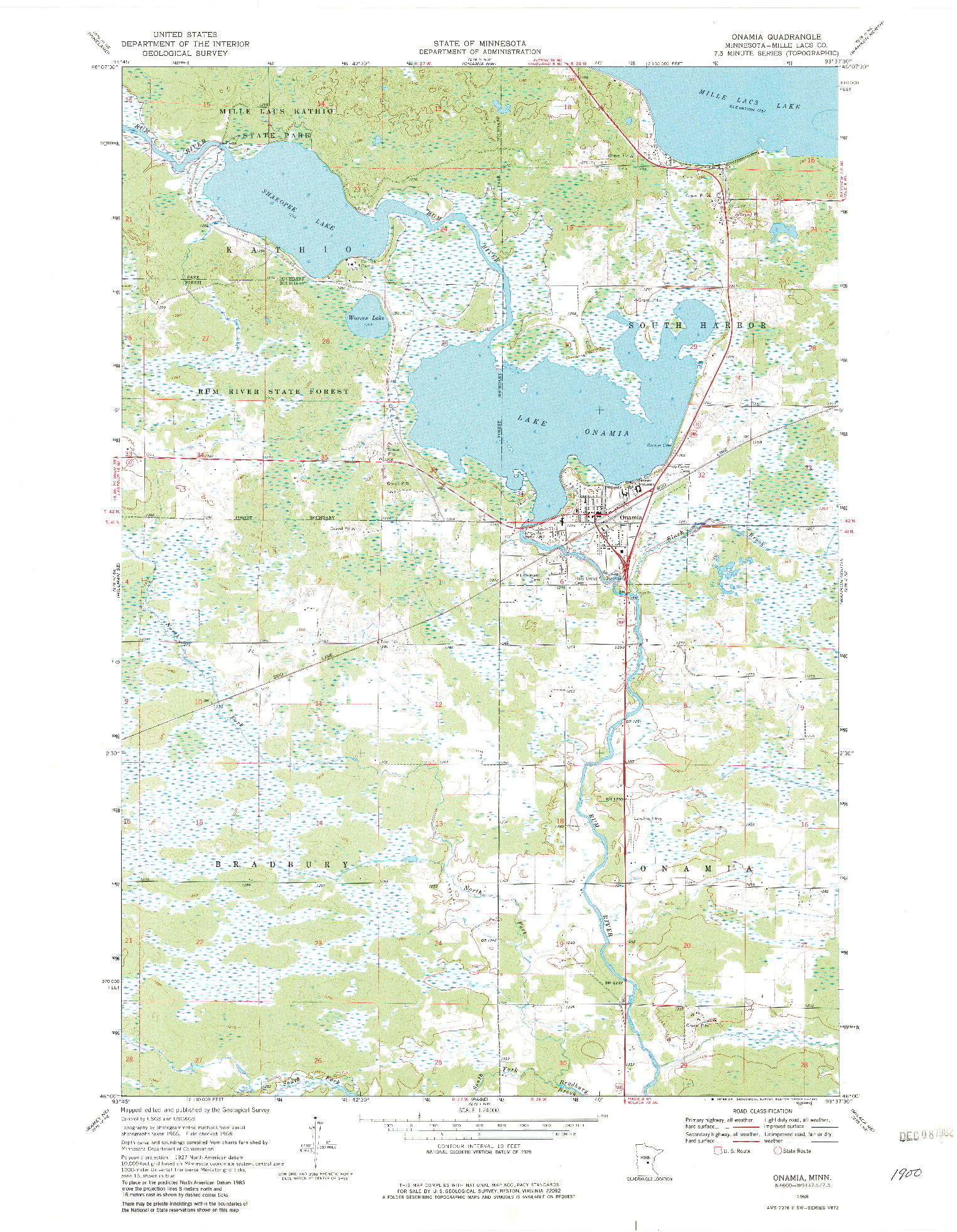 USGS 1:24000-SCALE QUADRANGLE FOR ONAMIA, MN 1968