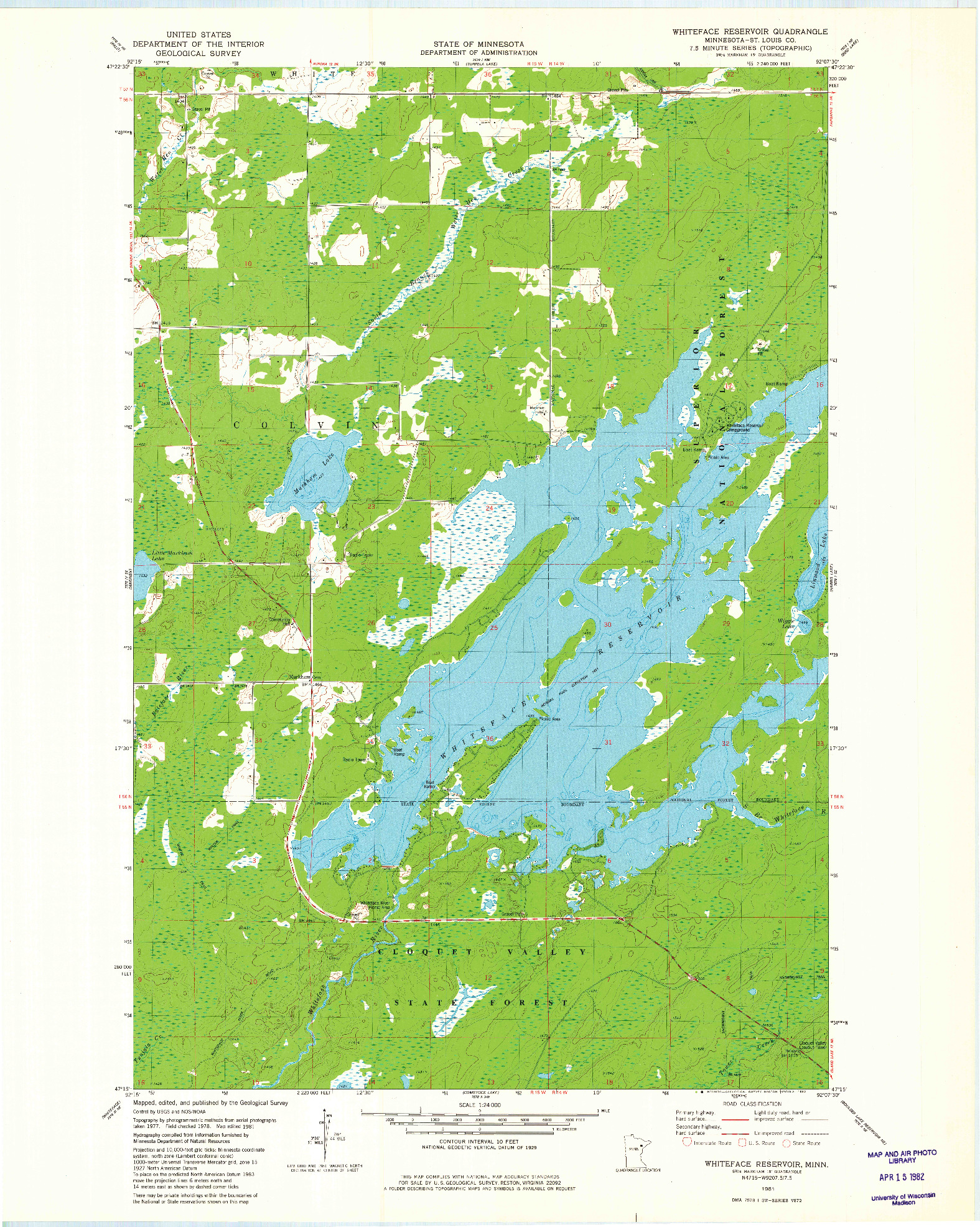 USGS 1:24000-SCALE QUADRANGLE FOR WHITEFACE RESERVOIR, MN 1981