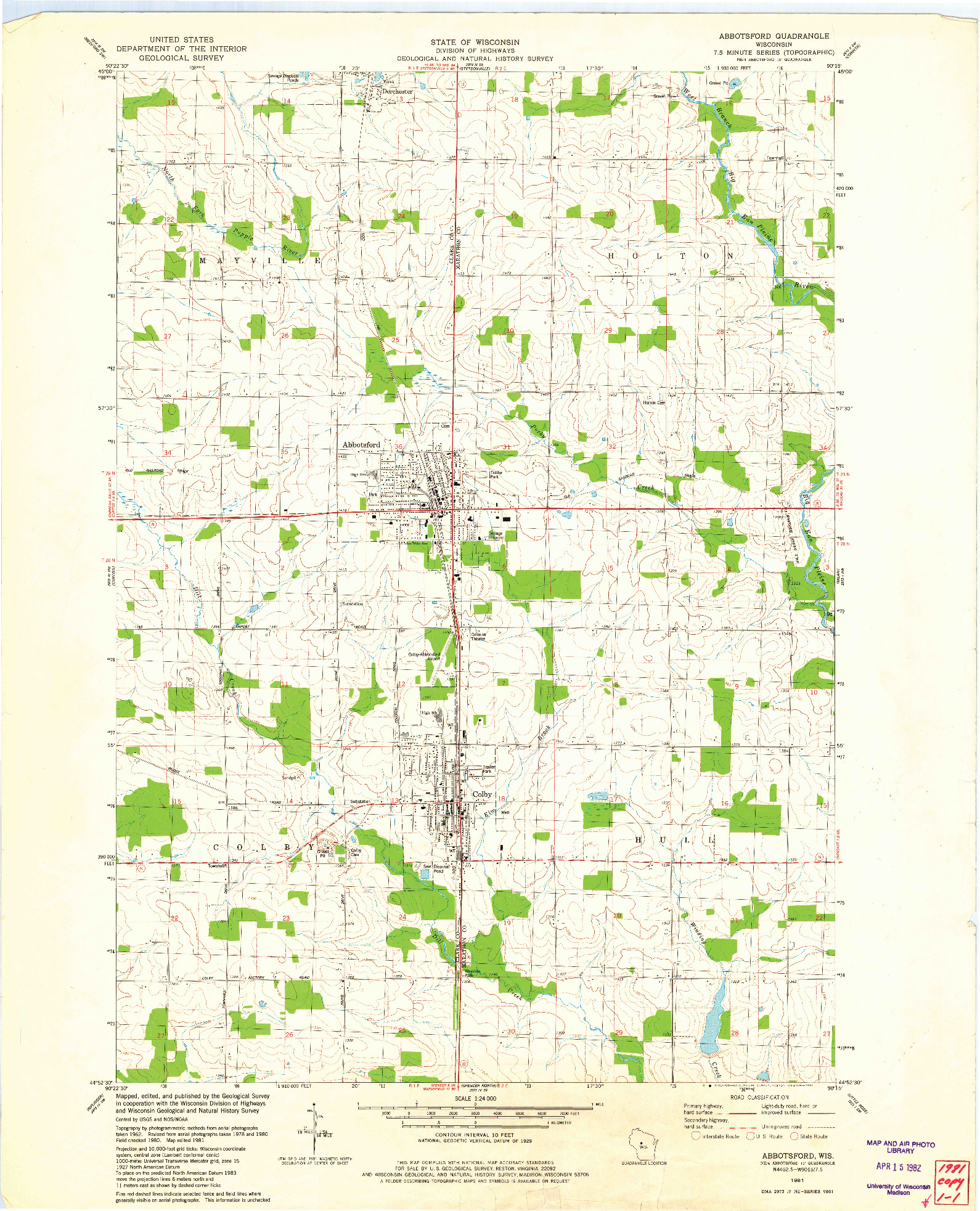 USGS 1:24000-SCALE QUADRANGLE FOR ABBOTSFORD, WI 1981