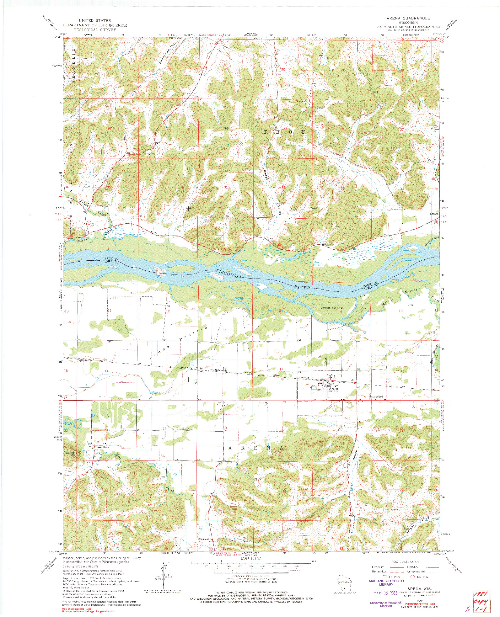 USGS 1:24000-SCALE QUADRANGLE FOR ARENA, WI 1962