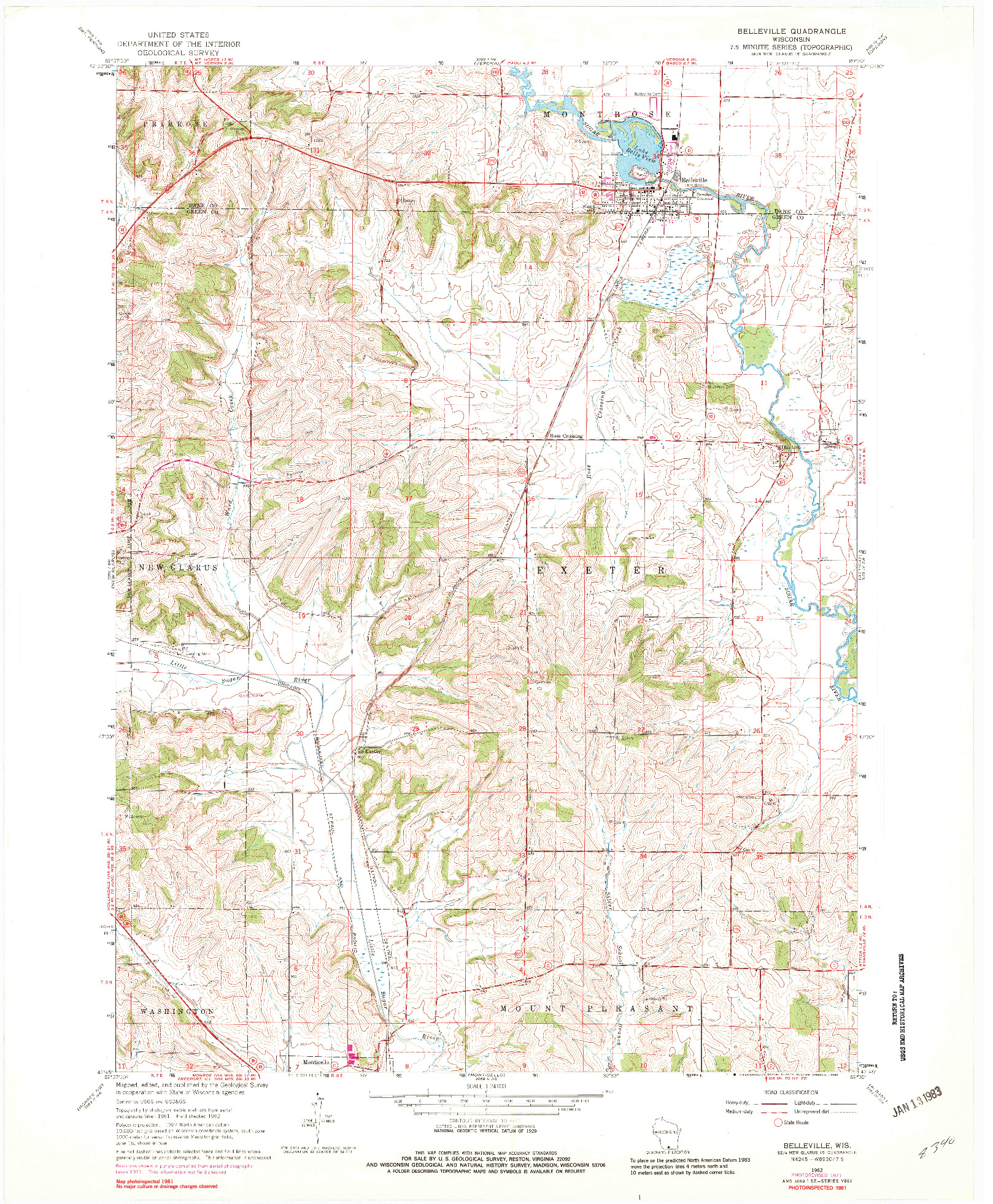 USGS 1:24000-SCALE QUADRANGLE FOR BELLEVILLE, WI 1962