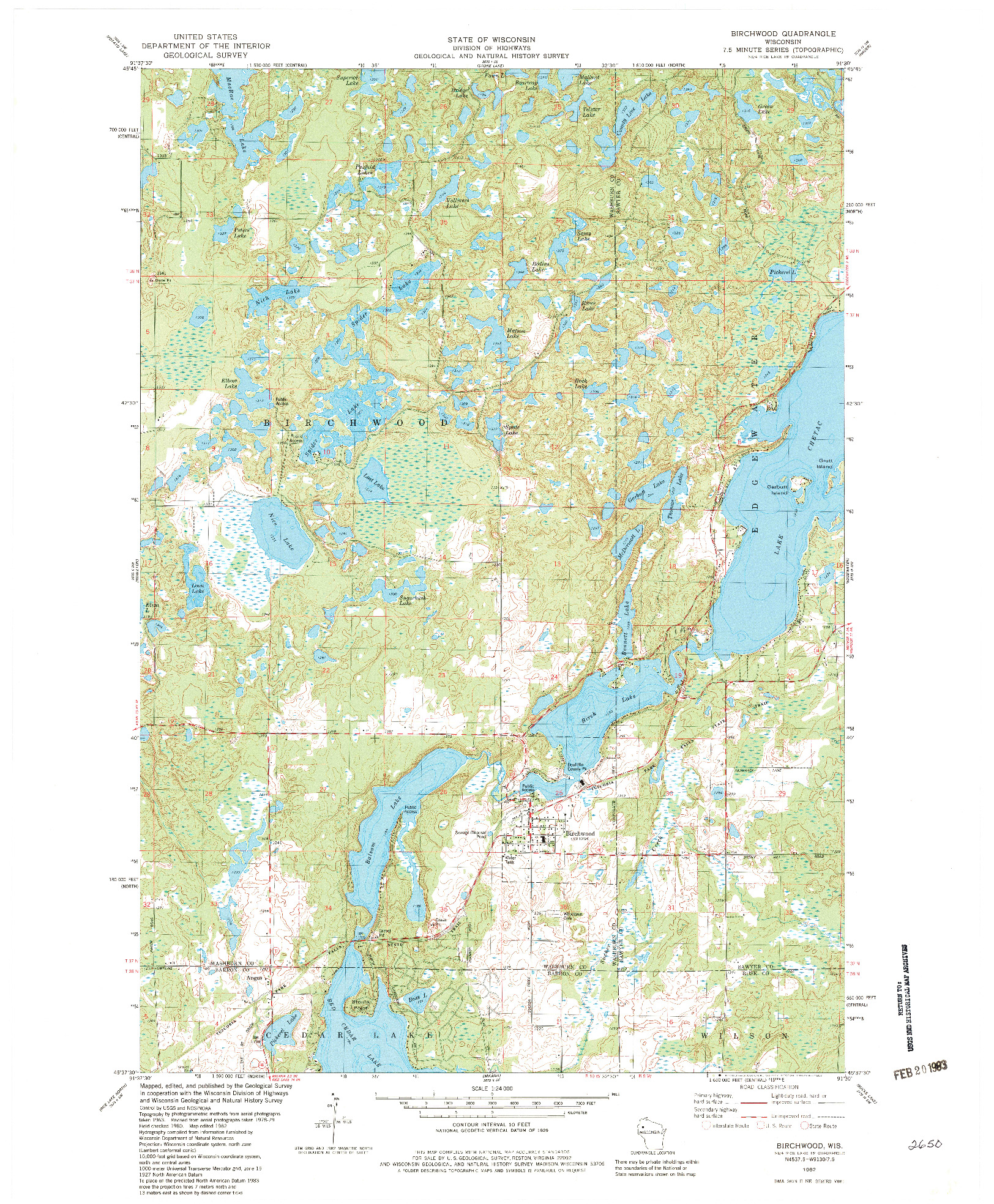 USGS 1:24000-SCALE QUADRANGLE FOR BIRCHWOOD, WI 1982