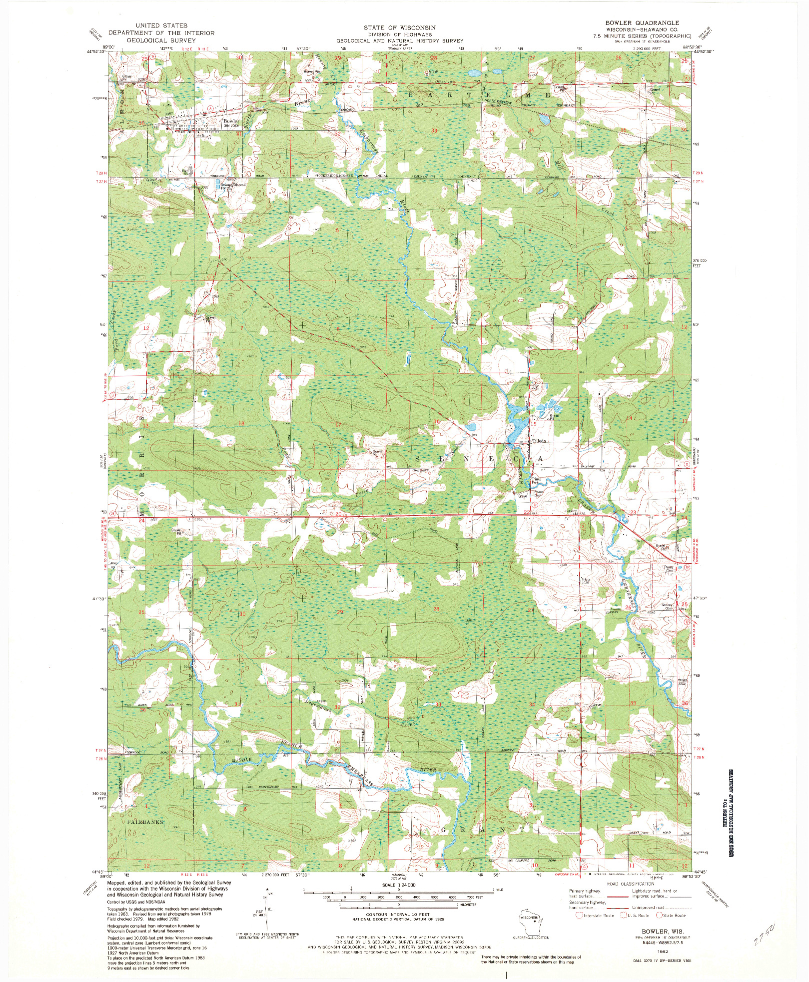 USGS 1:24000-SCALE QUADRANGLE FOR BOWLER, WI 1982