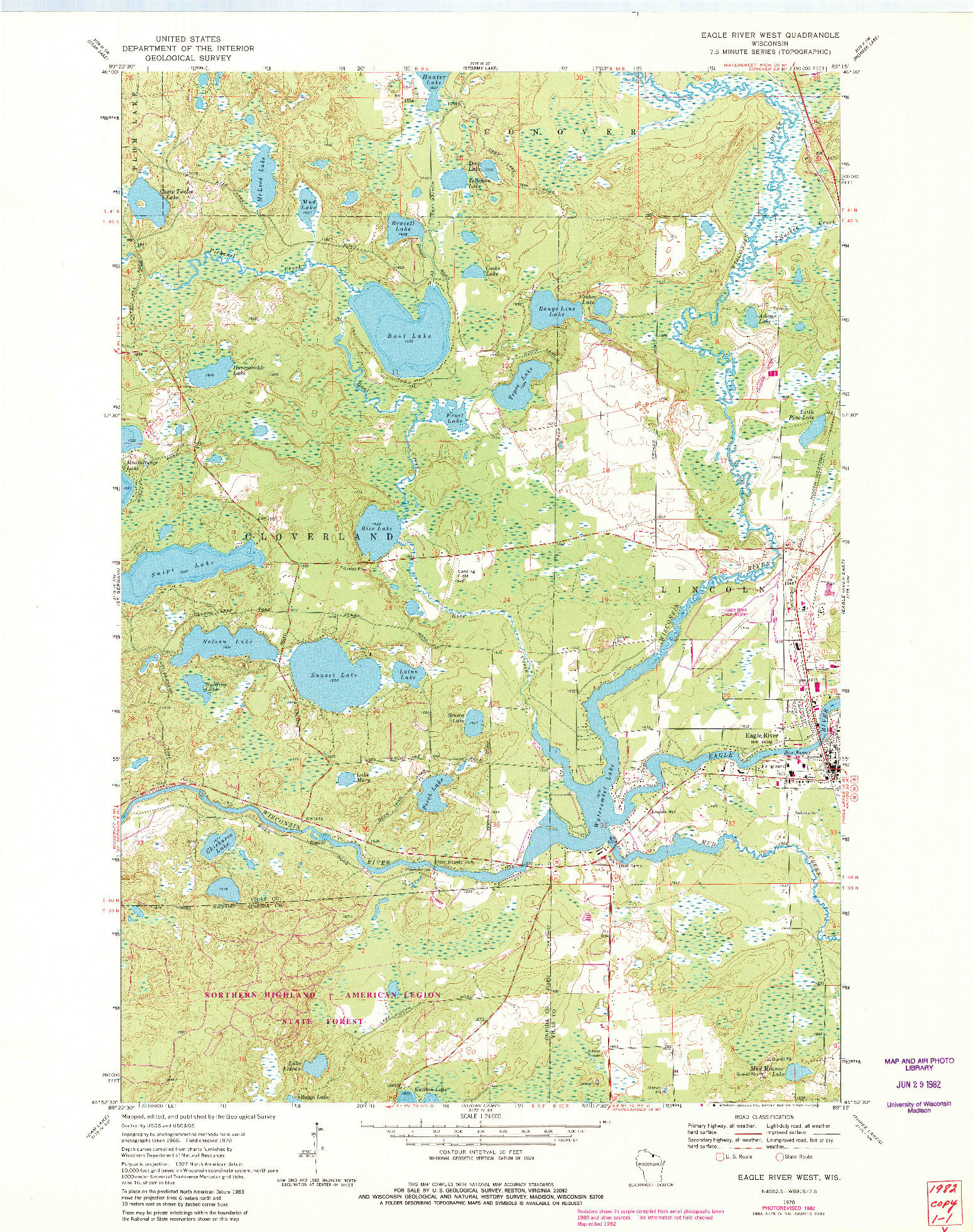 USGS 1:24000-SCALE QUADRANGLE FOR EAGLE RIVER WEST, WI 1970