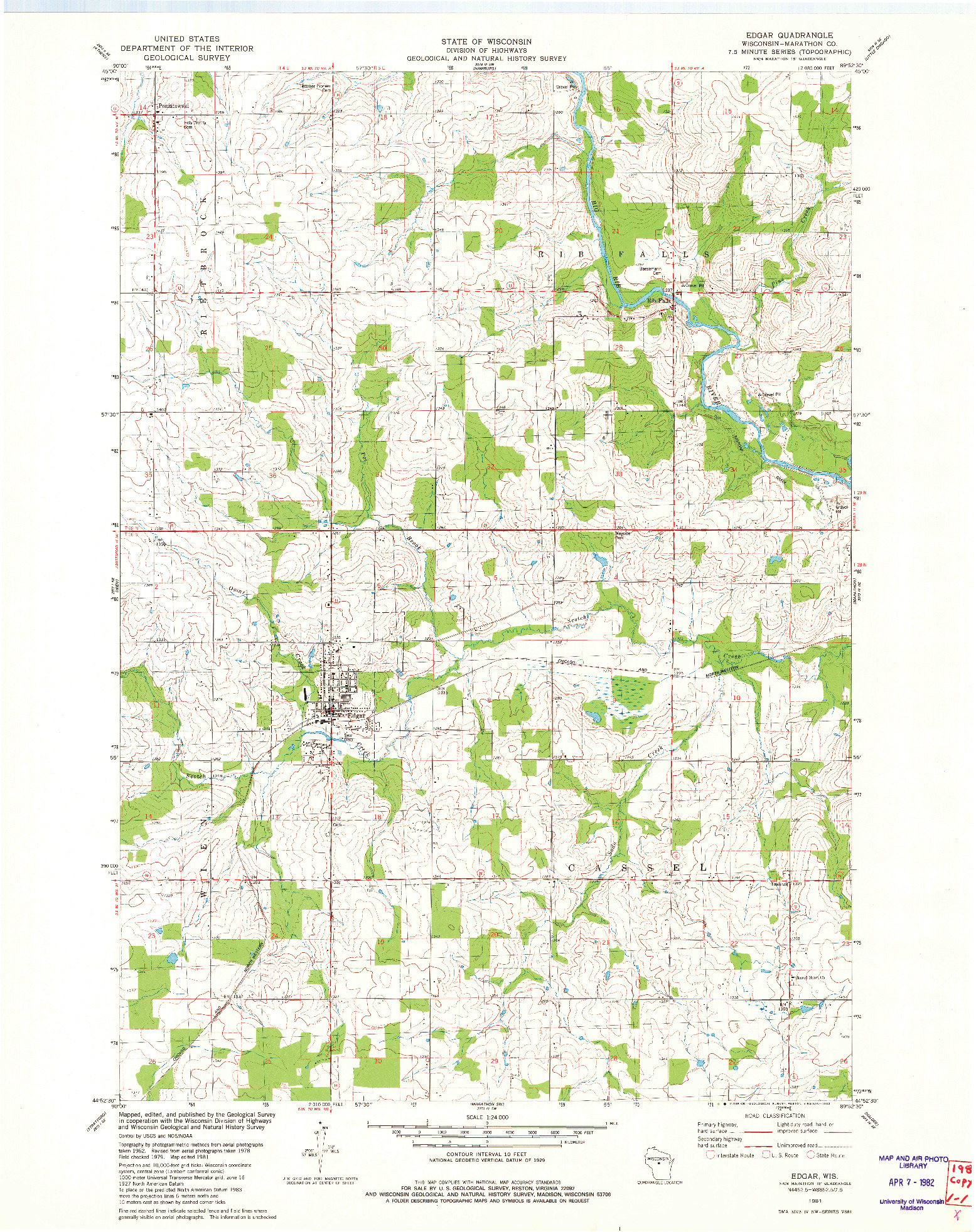 USGS 1:24000-SCALE QUADRANGLE FOR EDGAR, WI 1981