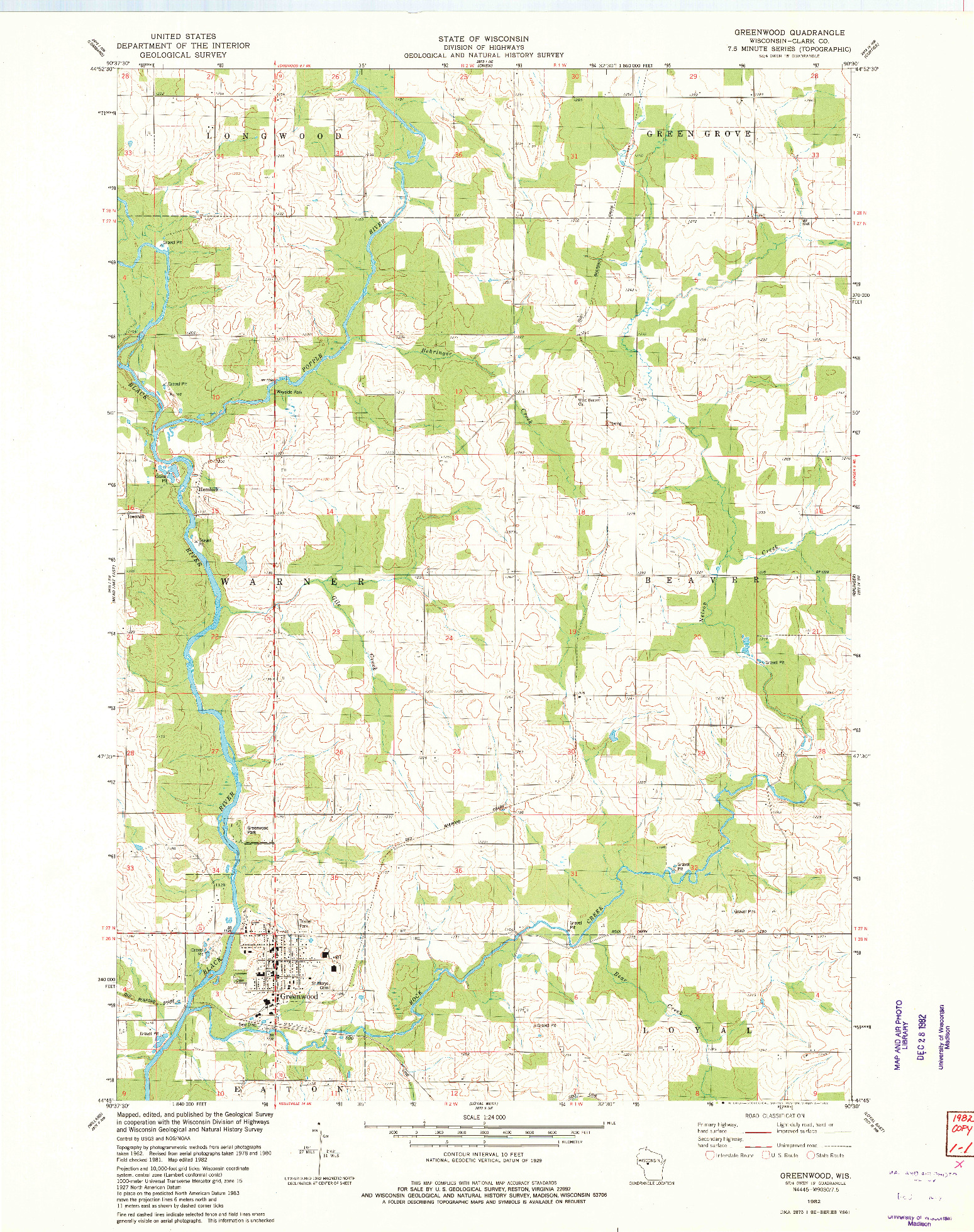 USGS 1:24000-SCALE QUADRANGLE FOR GREENWOOD, WI 1982