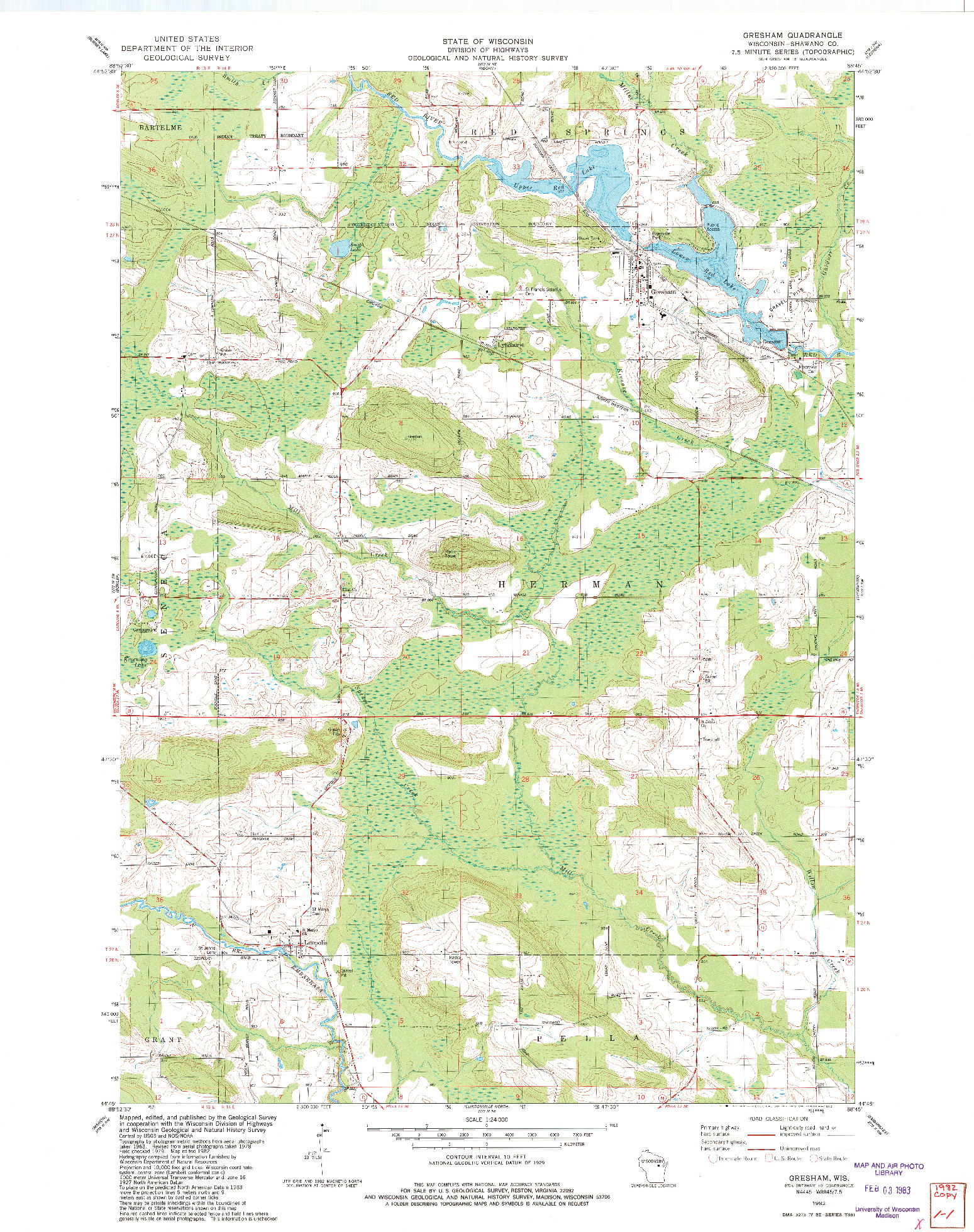 USGS 1:24000-SCALE QUADRANGLE FOR GRESHAM, WI 1982
