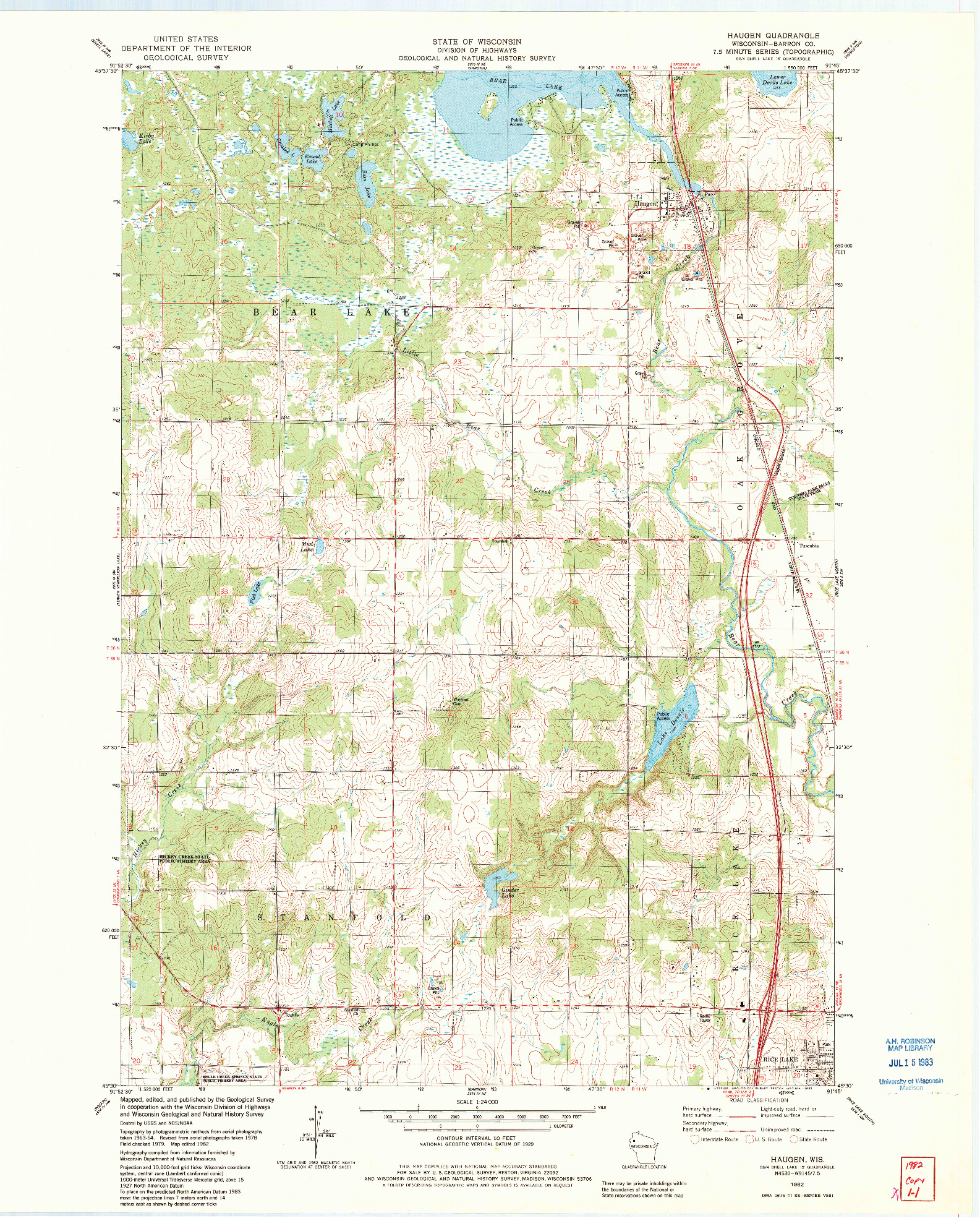 USGS 1:24000-SCALE QUADRANGLE FOR HAUGEN, WI 1982