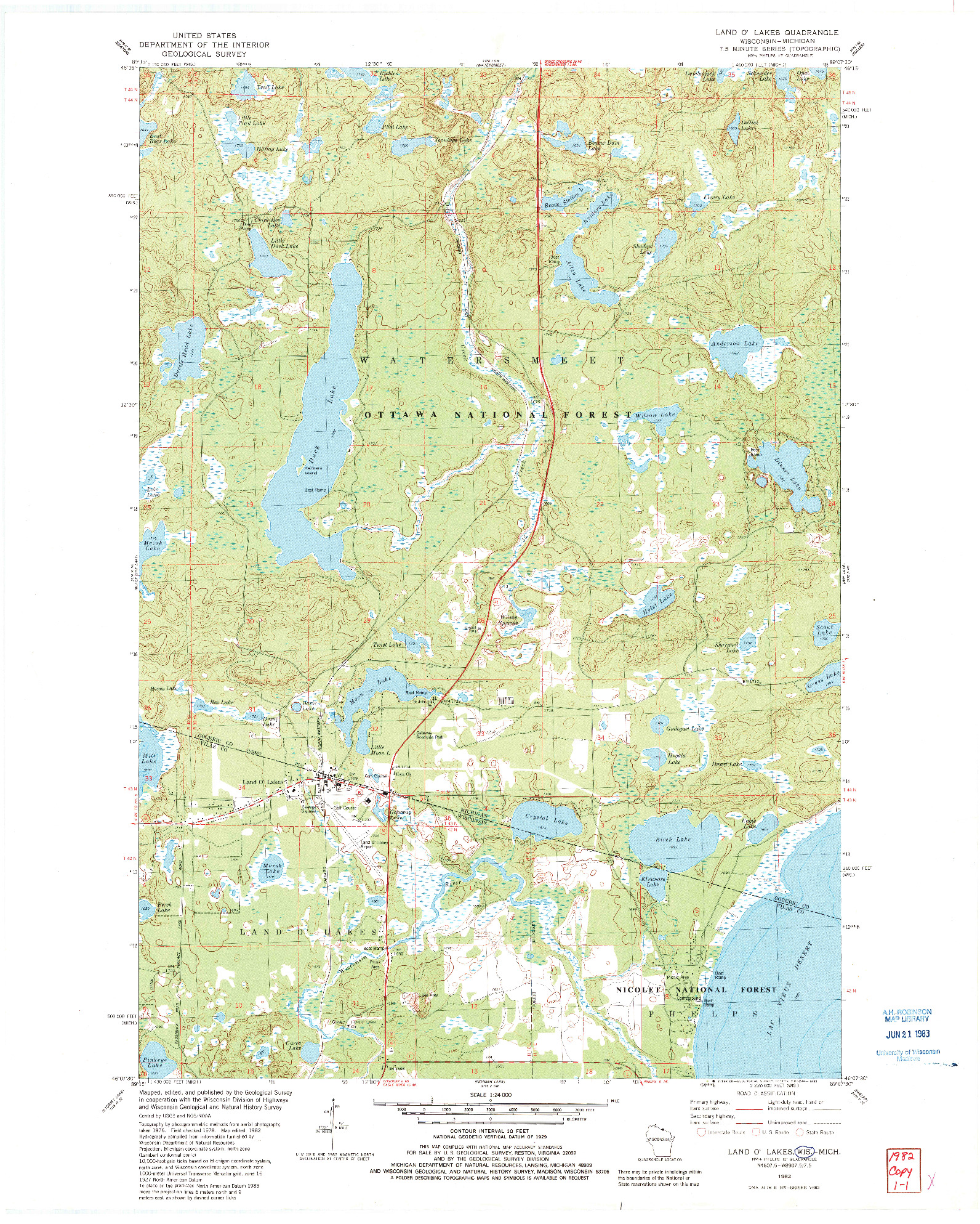 USGS 1:24000-SCALE QUADRANGLE FOR LAND O'LAKES, WI 1982
