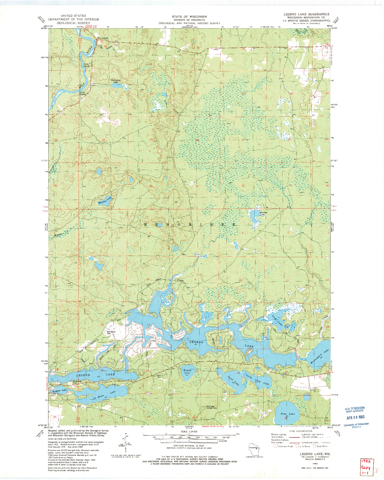 USGS 1:24000-SCALE QUADRANGLE FOR LEGEND LAKE, WI 1982